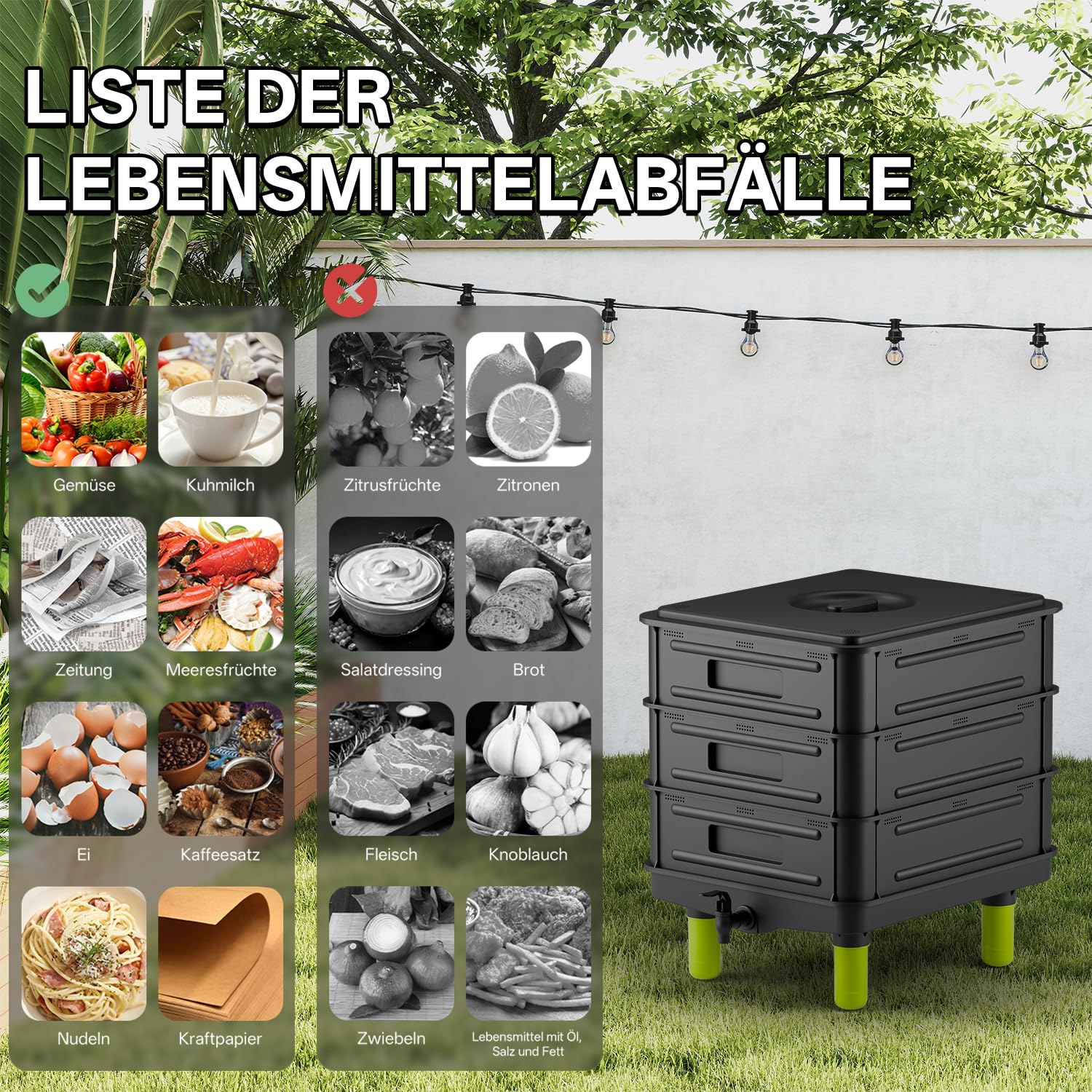 50 L 3‑Etagen Wurmkomposter für Innen & Außen – Starter Set aus Kunststoff als Wurmkiste & Wurmfarm für Küchenabfälle, Schwarz