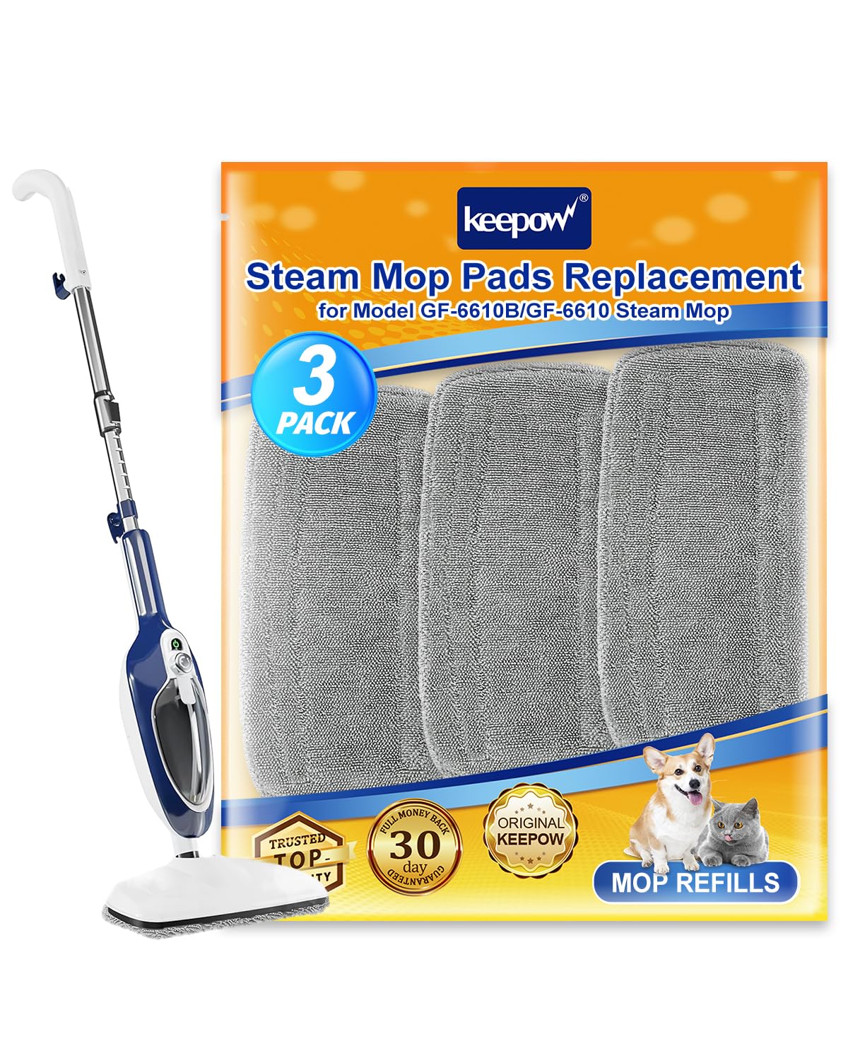 KEEPOW Steam Mop Pads Compatible with GorFanty Steam Mop GF-6610/GF-6610B Model, 3 Pack Washable and Reusable Microfiber M...
