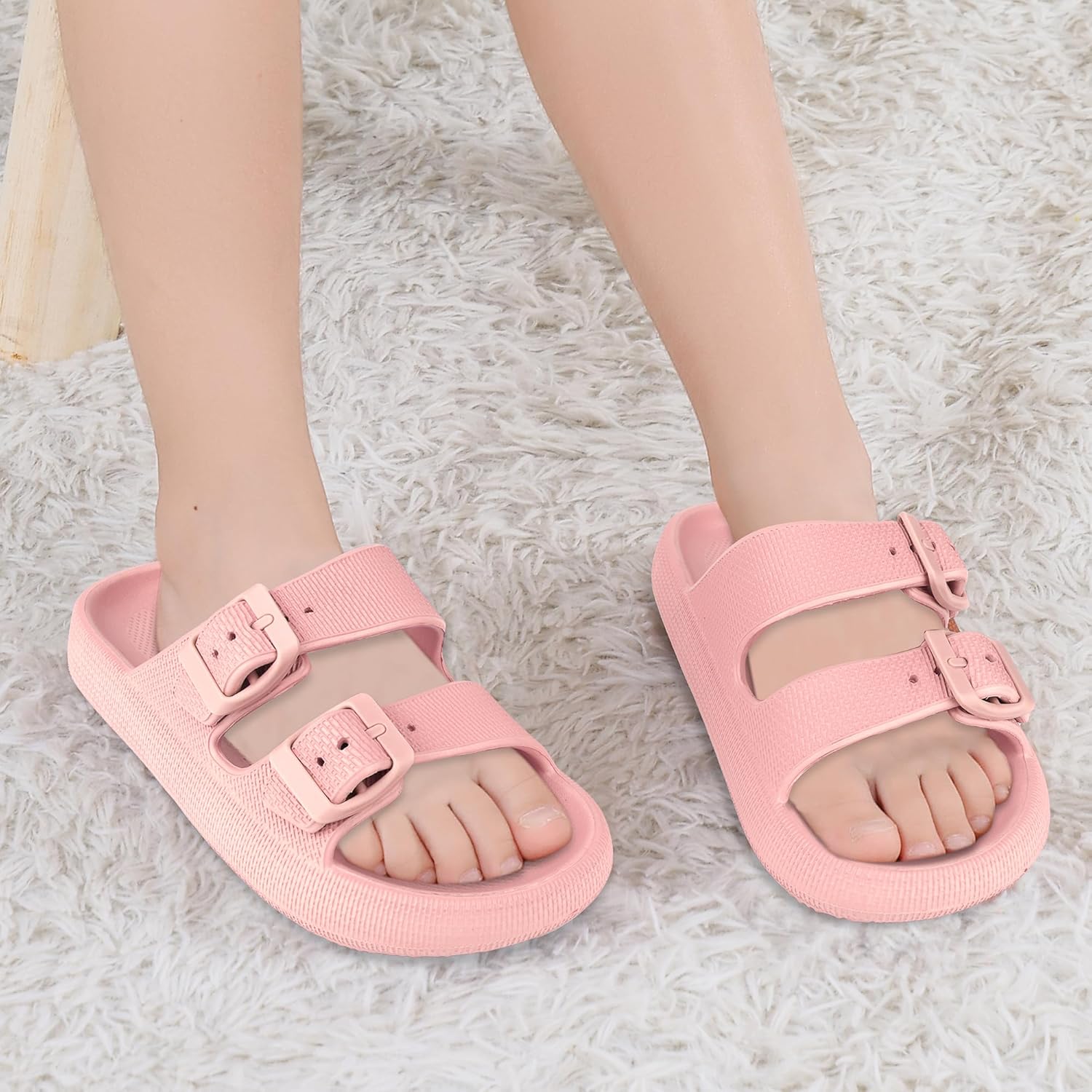 Kids Buckle Cloud Slides丨Boys Girls Slip On Sandals丨Youth Shower Flip Flops Beach Pool Shoes EVA Adjustable Summer Slippers (12 Little Kids - 7 Big Kids) - Image 3