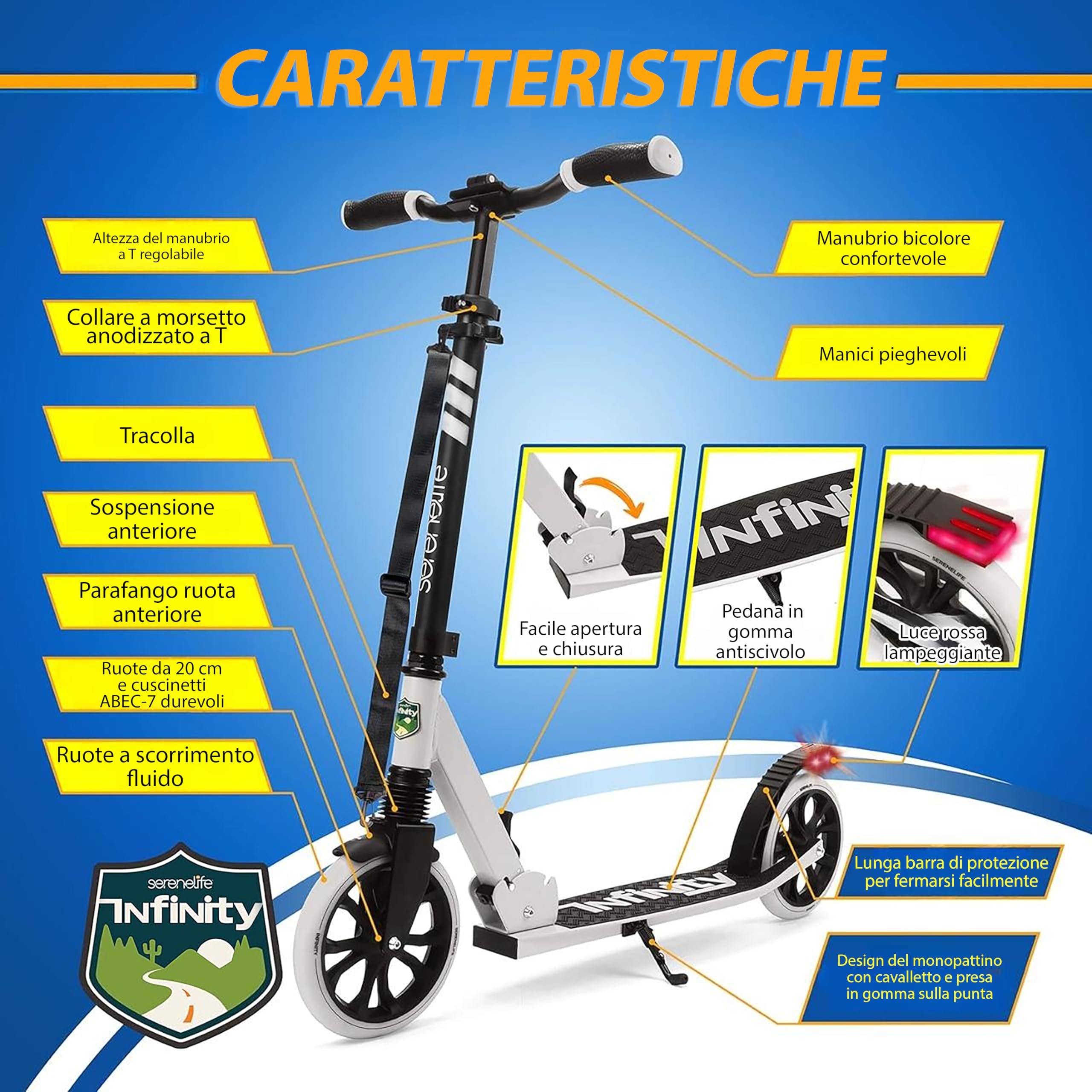 SereneLife Monopattino, Monopattino Bambini da 8 Anni, 2 Ruote con Manubrio Regolabile, Adulti e Adolescenti, Antiscivolo, Monopattino Pieghevole, Monopattino a Spinta e Portatile con Tracolla