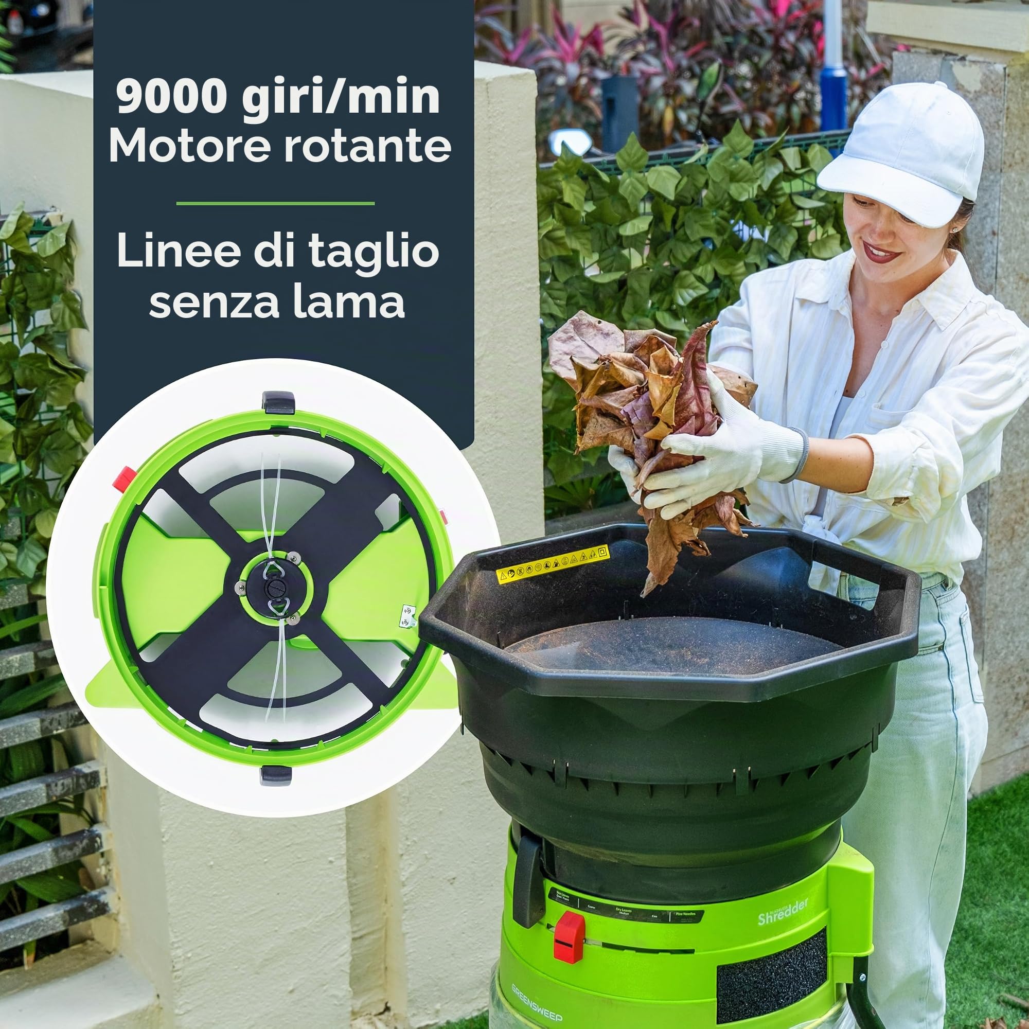 GreenSweep XL trinciafoglie e pacciamatore senza lama | Potente motore da 15 Amp, 9.000RPM per rapporto di riduzione 18:1