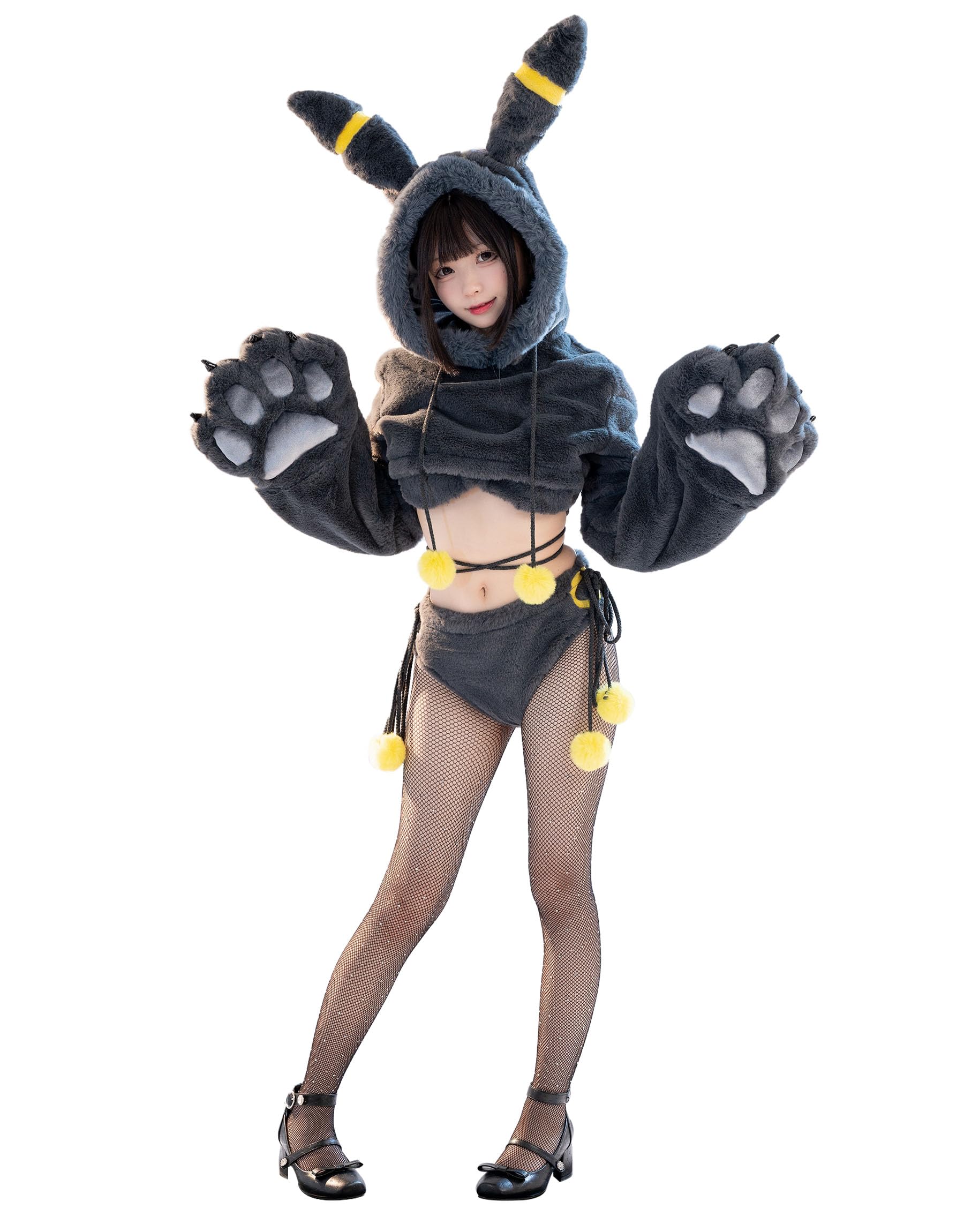 Mobbunny Anime Cosplay Lingerie Black Fluffy Paw Hoodie Lingerie Set for Women Fuzzy Bra and Panty Homewear with Tail: Medium Black