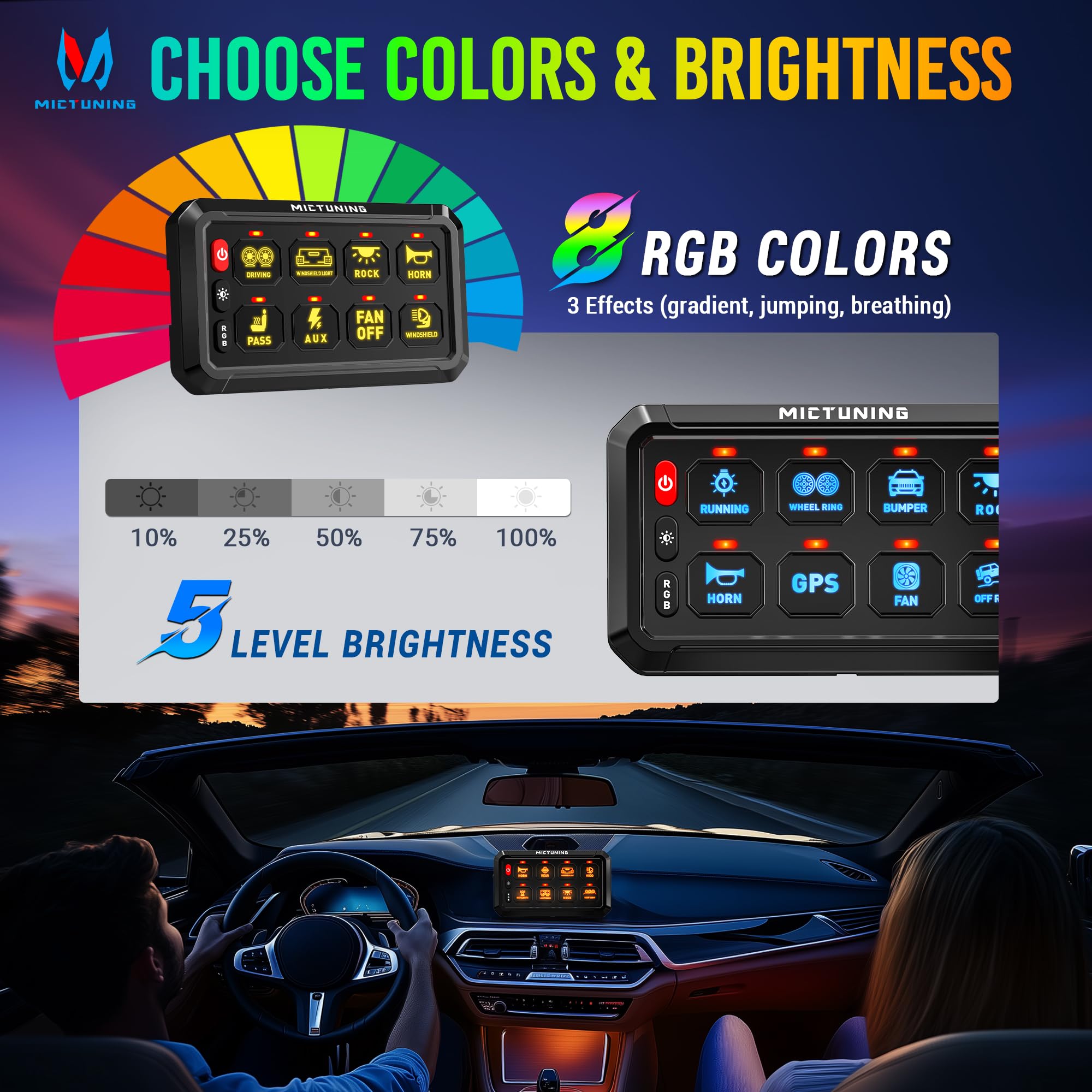 MICTUNING RGB 8-biegowy panel przełączników z systemem przekaźników, wielofunkcyjny przełącznik kołyskowy, chwilowe przełączanie, sterowanie do samochodów ciężarowych, SUV-ów, łodzi terenowych