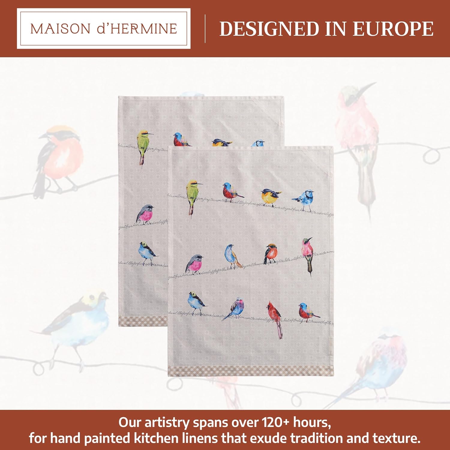 Maison d' Hermine Kitchen Towels Set of 2 100% Cotton 27.50" x 20" Reusable Cloth Tea Dish Towels Absorbent with Hanging Loop for Kitchen, Dining, Cocktail Parties Spring/Summer (Birdies on Wire)