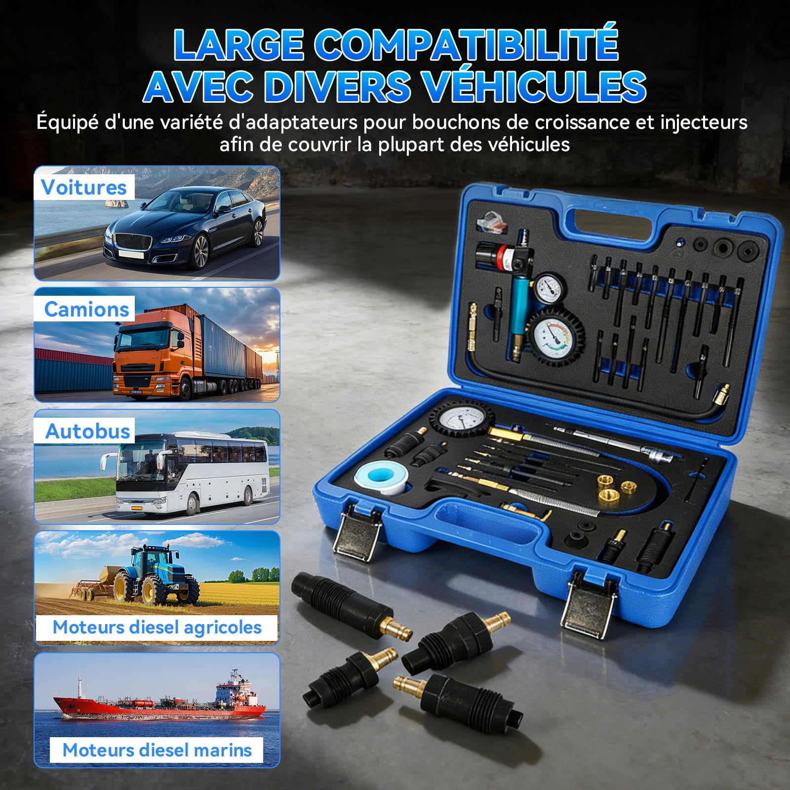 47 Pièces Testeur de Compression, pour Moteurs Essence et Diesel, Testeur de Compression Diesel 0-50 Bars, Kit de Testeur de Fuite de Cylindre à Double Jauge pour Moteurs HDI, TDCi, Pumpe Duse
