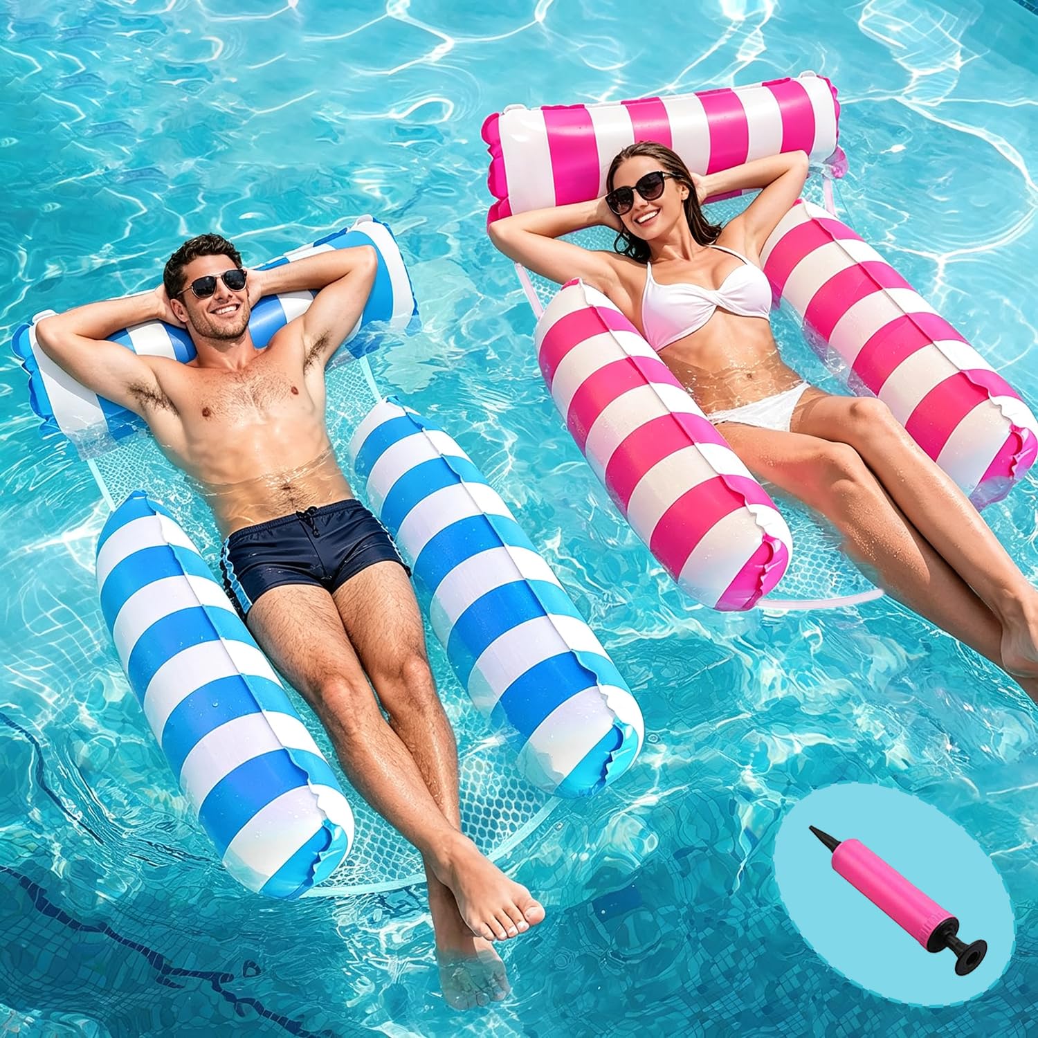 2 Pack Inflatable Pool Floats Water Hammock for Adults 4-in-1 Saddle&Lounge Chair&Hammock&Drifter Pool Inflatables Float Hammock Lounger Floating Chair for Beach Pool