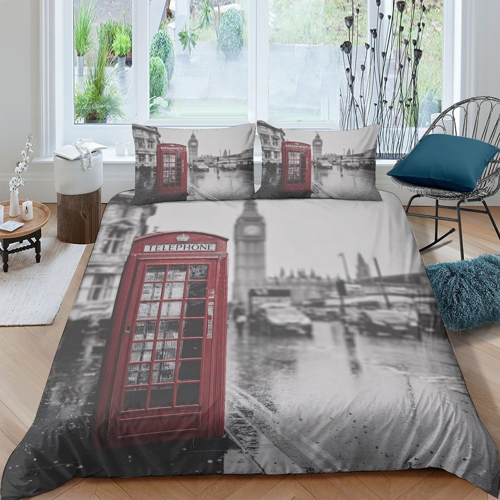 Ctjqhvkz Style-9 3D Printed London Red Phone Box Fitted Sheet Microfiber Soft Cityscape Bed Cover For Bedroom Guest Room Decor Single（135X200cm）