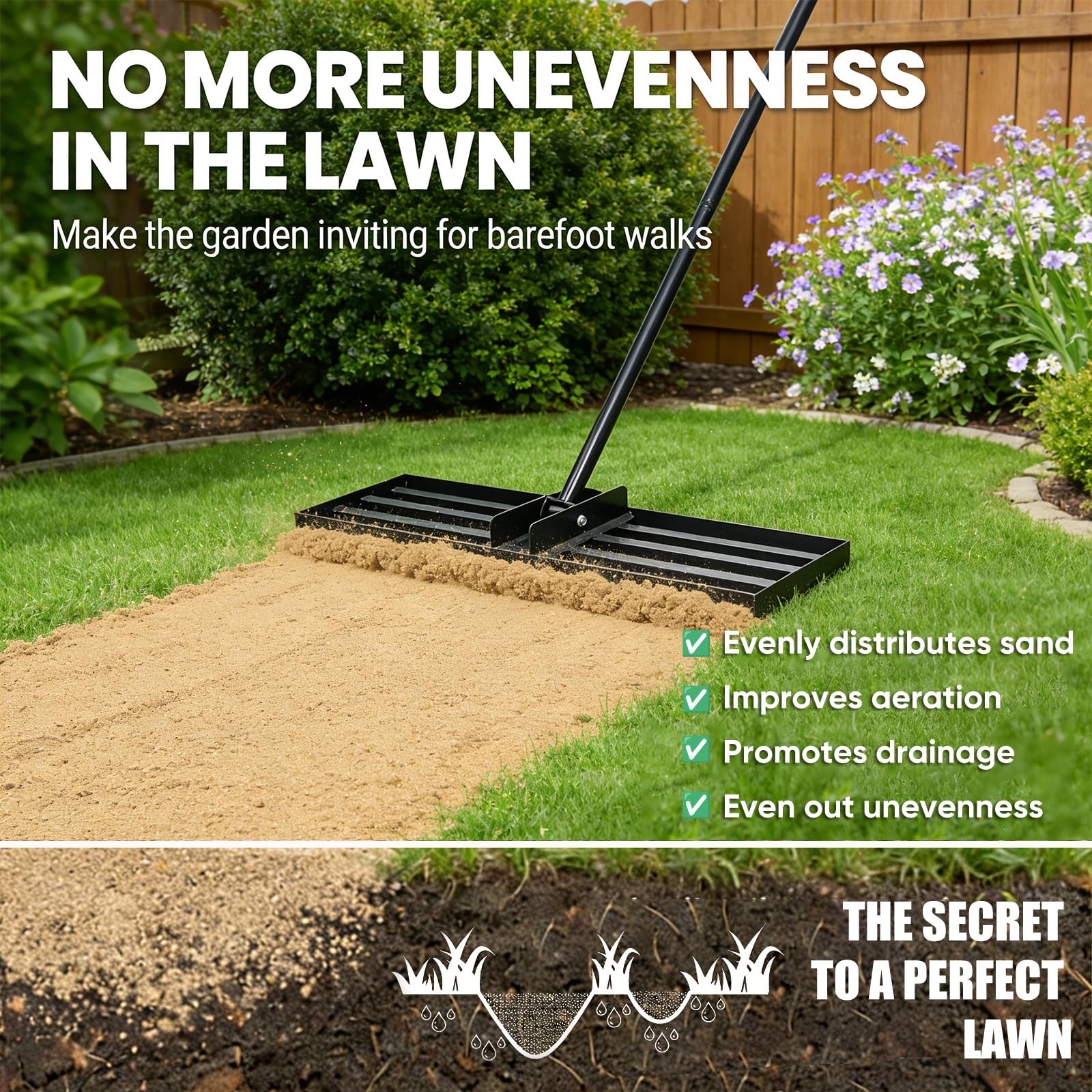 Lawn Levelling Rake uk with 200cm Long Handle, 75x25cm Leveling Base Ergonomic Effort Saving Garden Lawn Level Tool, Landscape Rake Soil Sand Dirt Ground Leveler Tool for Patio Yard Garden Golf Course — view 4