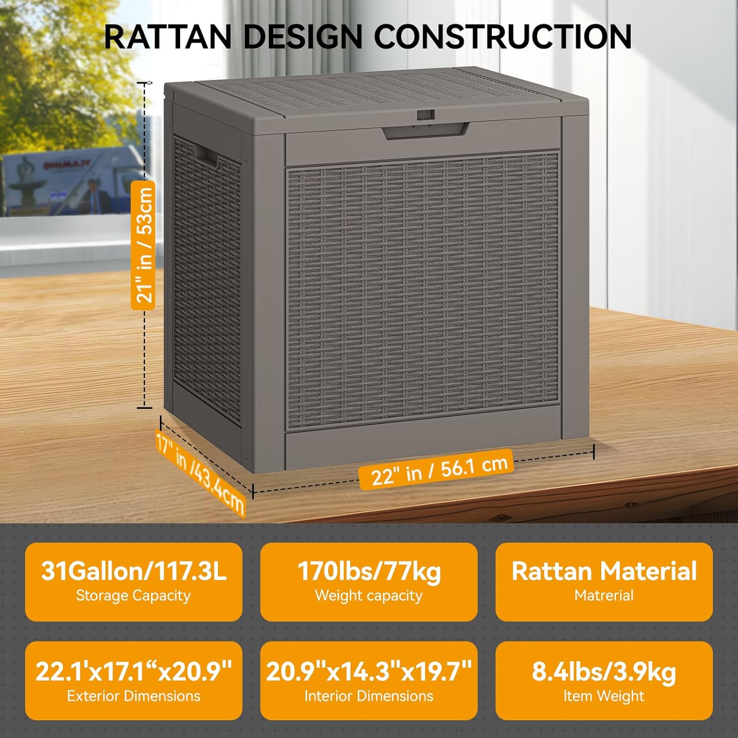 KAMABOKO 31 Gallon Outdoor Storage Box, Resin Deck Boxes Indoor and outdoor, Waterproof Storage Box Lockable Lid for Garden Tools, Package Delivery, Pool Supplies, Patio Cushions, Grey