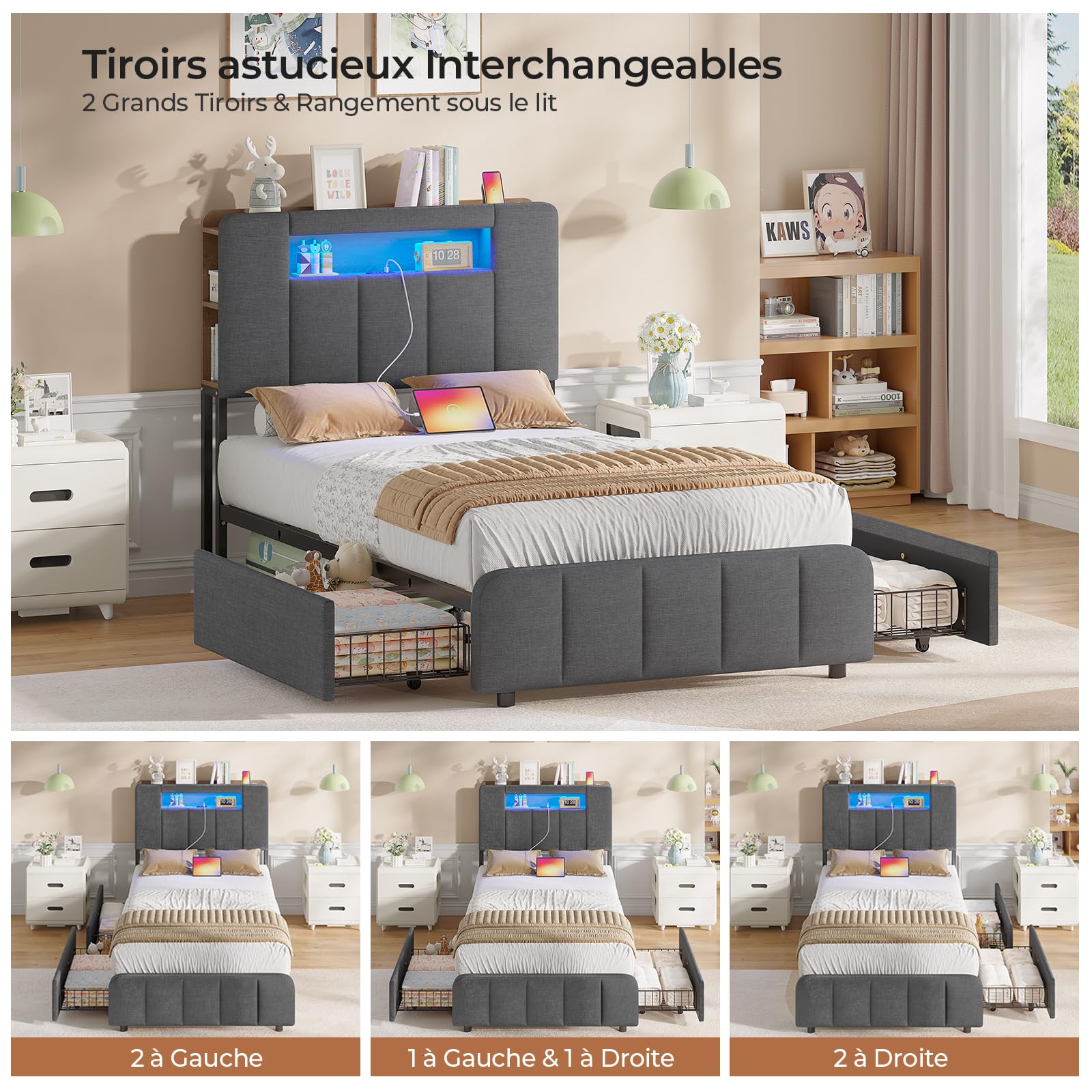 AOGLLATI Lit 90x200 à LED avec Multiprise et 2 Grands Tiroirs, Cadre de Lit avec Sommier à Latte et Tête de Lit Capitonnée Sommier avec Rangement, Moderne sans Matelas-Lin Gris