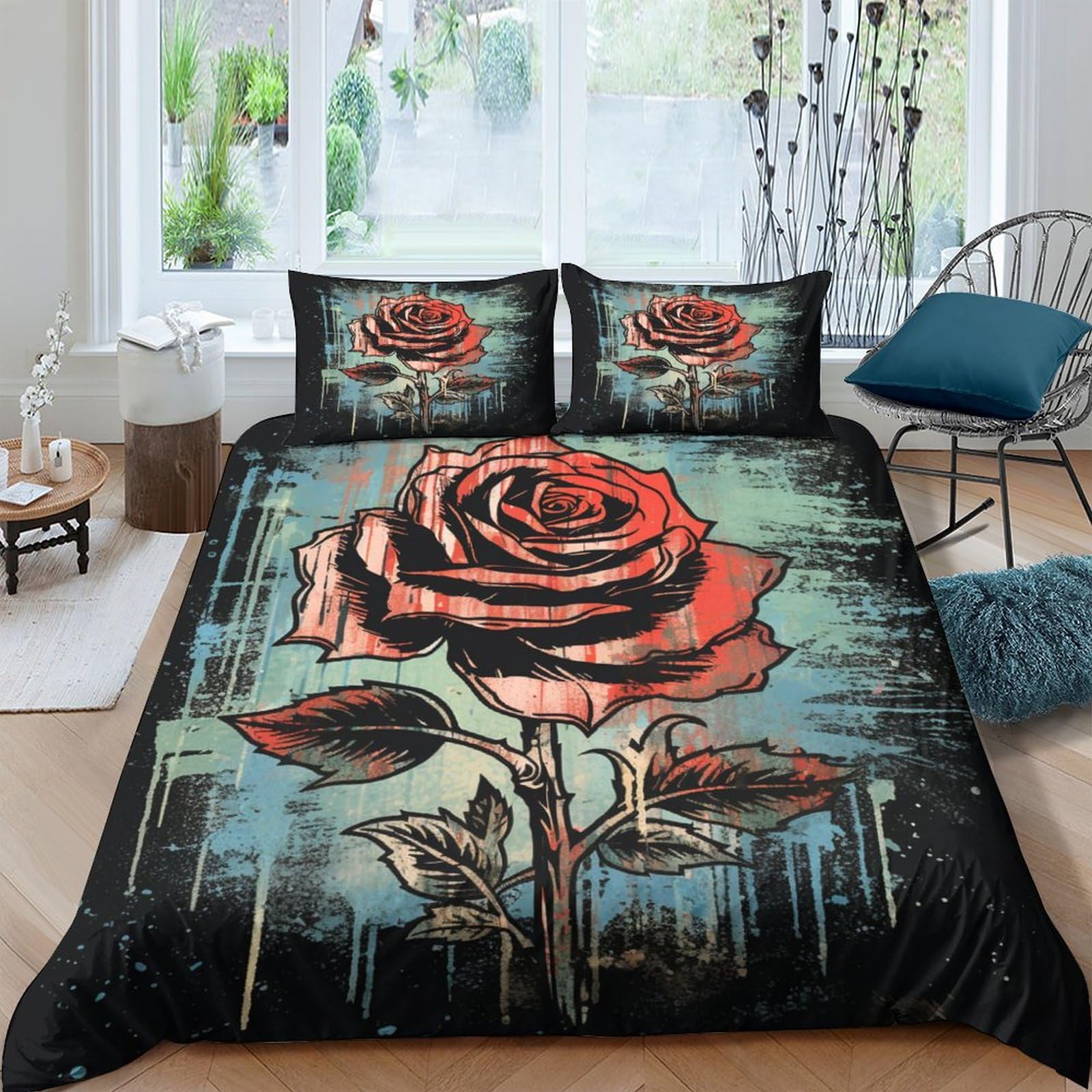 Housse de couette roses anciennes parure de lit infroissable et facile à border avec son zip