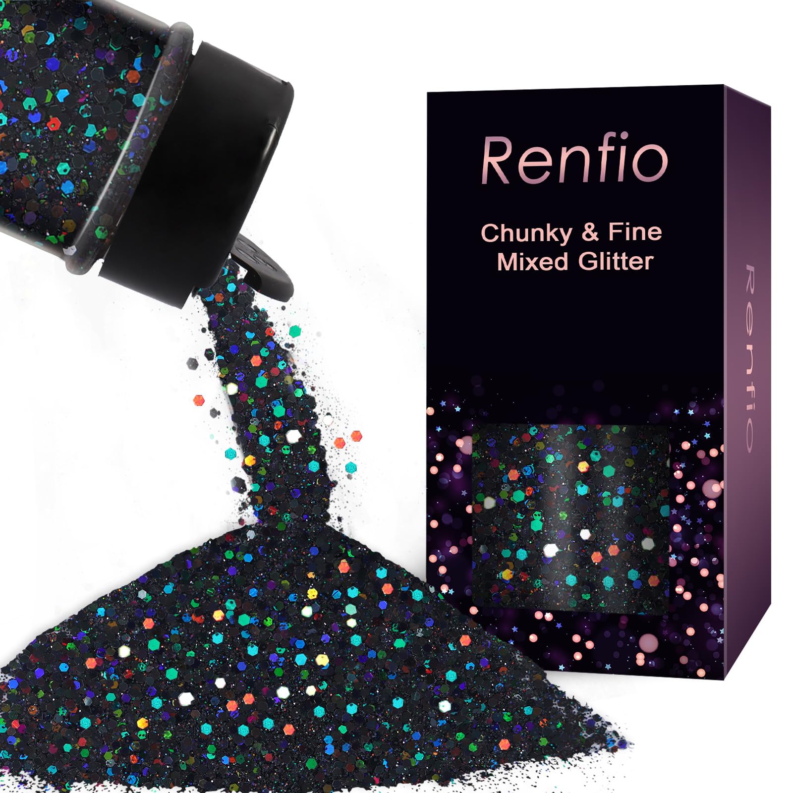 Renfio Holographic Glitter Mix - 2.11oz/60g Medium Size Chunky & Ultra Fine Black Glitter Sequins for Nail Art Tumblers, Slime & Resin