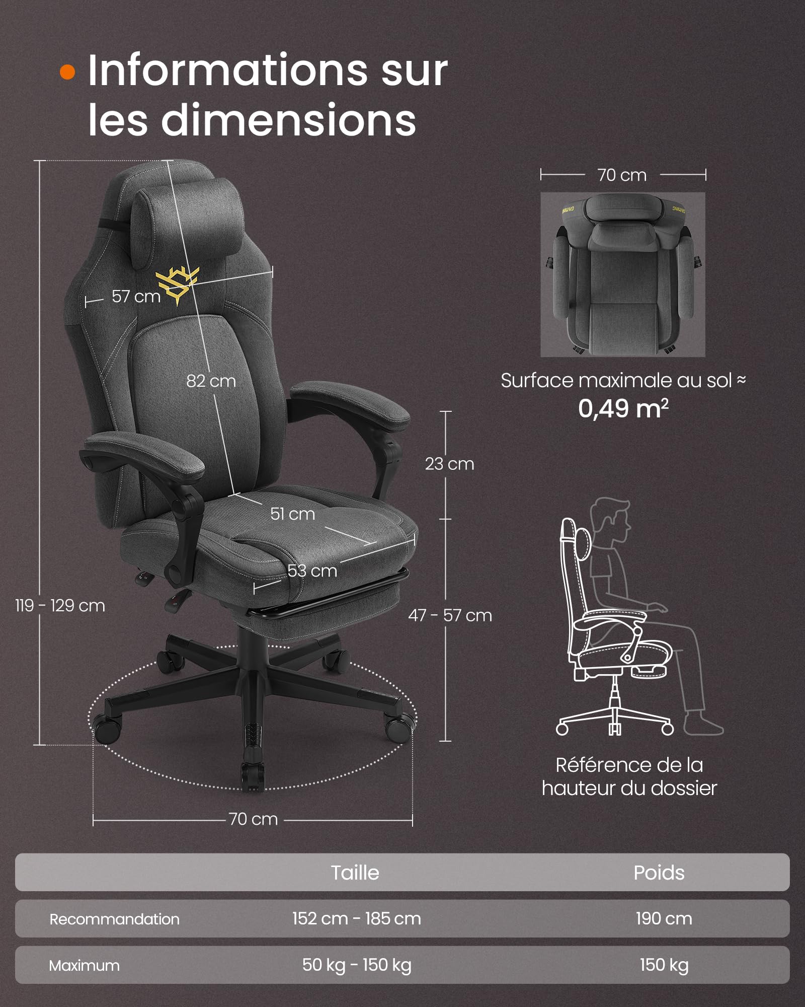 SONGMICS HOME Fauteuil Gaming, Chaise de Bureau Ergonomique avec Repose-Pieds, Chaise Gamer avec Appui-tête, Coton-Lin, Hauteur Réglable, Gris Tourterelle OBG072G01V1
