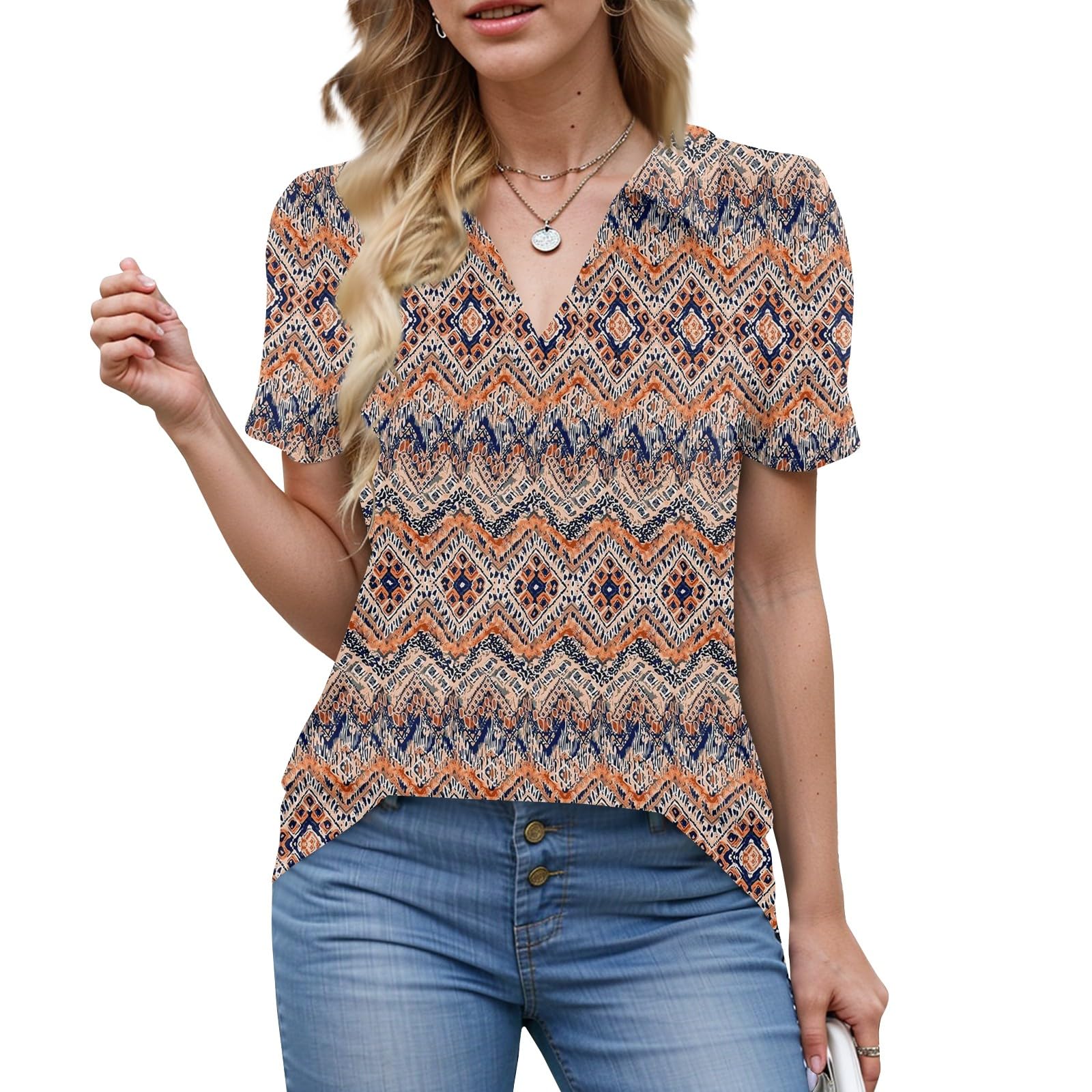 Floral Tops for Women 2025 Summer Work Loose Fit Short Sleeve Polo Golf Shirts Collared V Neck Funny Cotton Travel Comfy Printed Long Tunic Blouses with Pockets Womens Polo Shirts, Light Gray, XXL