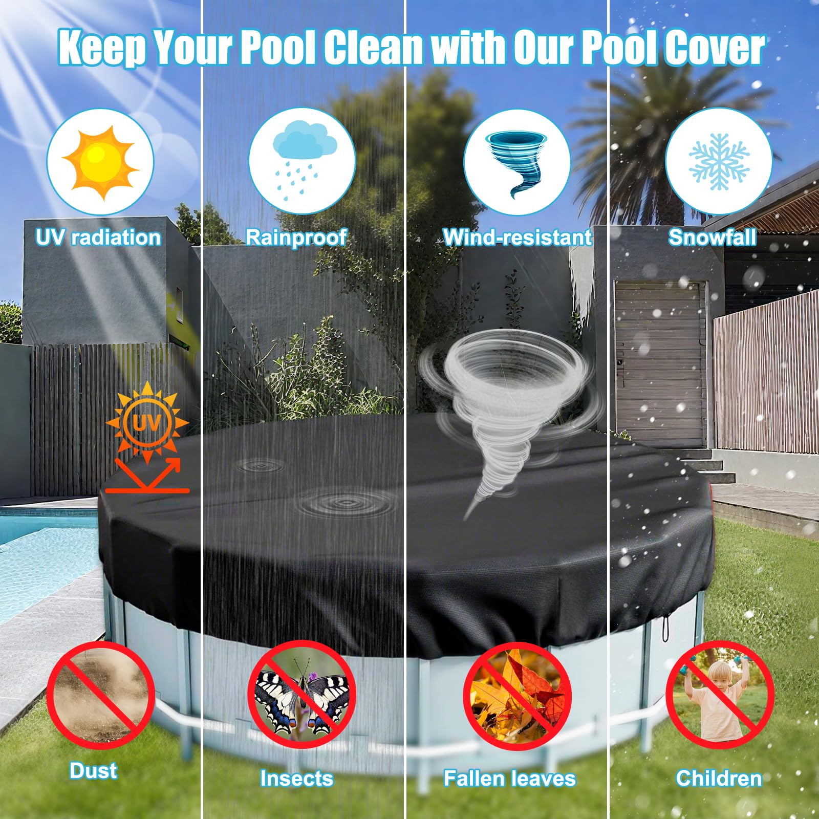 Bâche Piscine Hors Sol 305x20cm, Bâche de Protection Piscine Ronde en 210D Oxford, Housse de Protection pour Piscines Imperméable Anti-Poussière, Couverture de Piscines Anti-UV, pour Extérieur