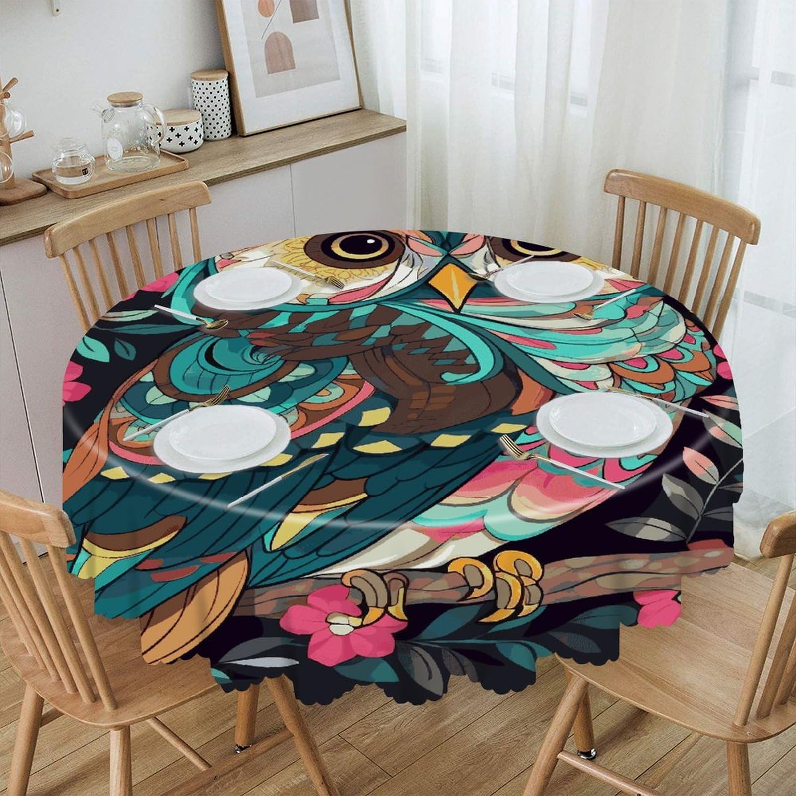 VstaDank Anime Owl Round Tablecloth 60 Inch Easy to Clean Circle Table Cover Thick Decorative Round Polyester Table Cloth for Dining Kitchen Party Farmhouse Outdoor