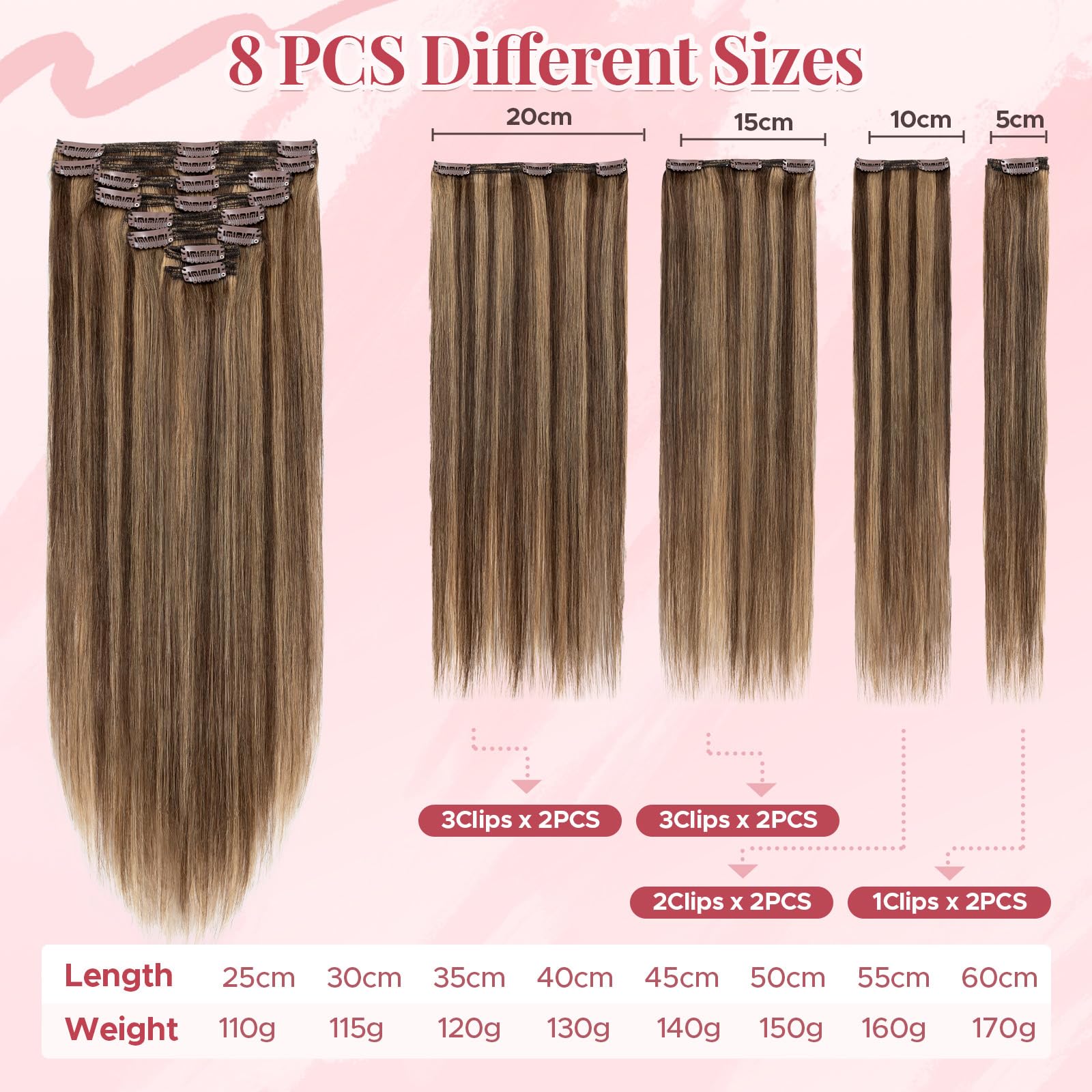 MY-LADY Extensiones Pelo Natural Clip 8 Piezas 35cm Extensiones de Cabello Clip Natural con Doble Costura para Volumen Completo Mujeres(#4P27 Brun Moyen/Blond Foncé, 120g)