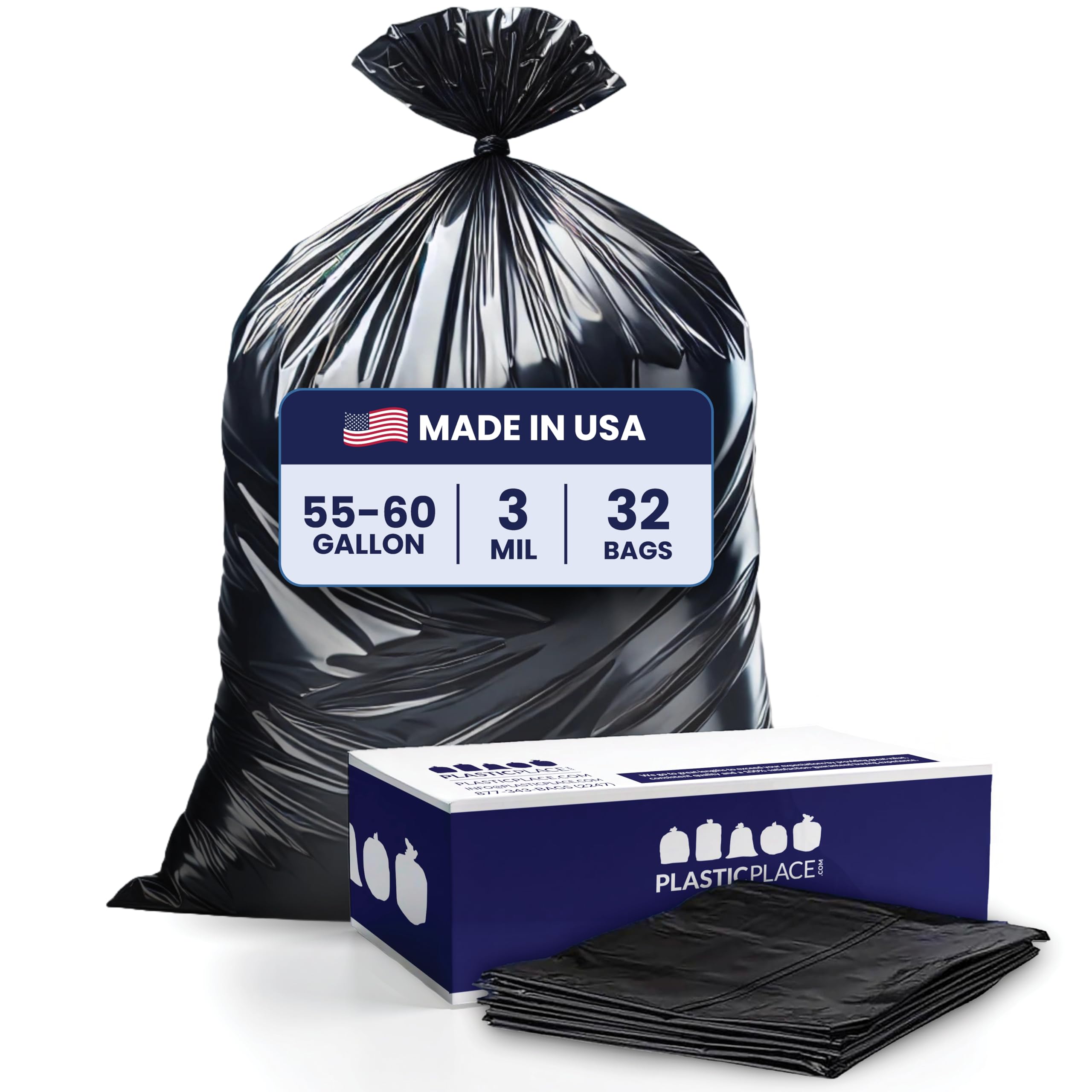 Plasticplace Contractor Trash Bags 55-60 Gallon │ 3.0 Mil │ Black Heavy Duty Garbage Bag │ 38” x 58” (32 Count)