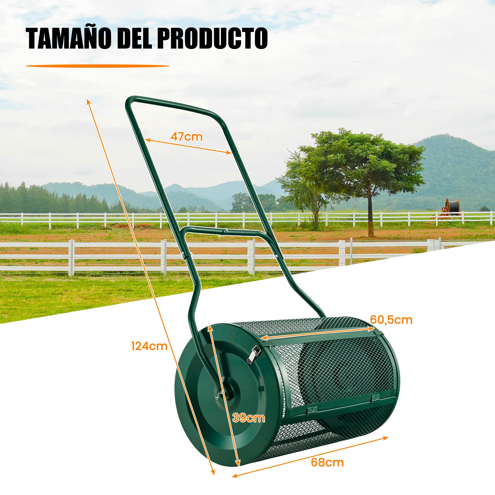 COSTWAY Esparcidor de Compost 75L, Esparcidor de Turba con Mango en Forma de U Mejorado, Cierres Laterales, Rodillo de Malla de Metal Resistente para Fertilización y Siembra (Verde)