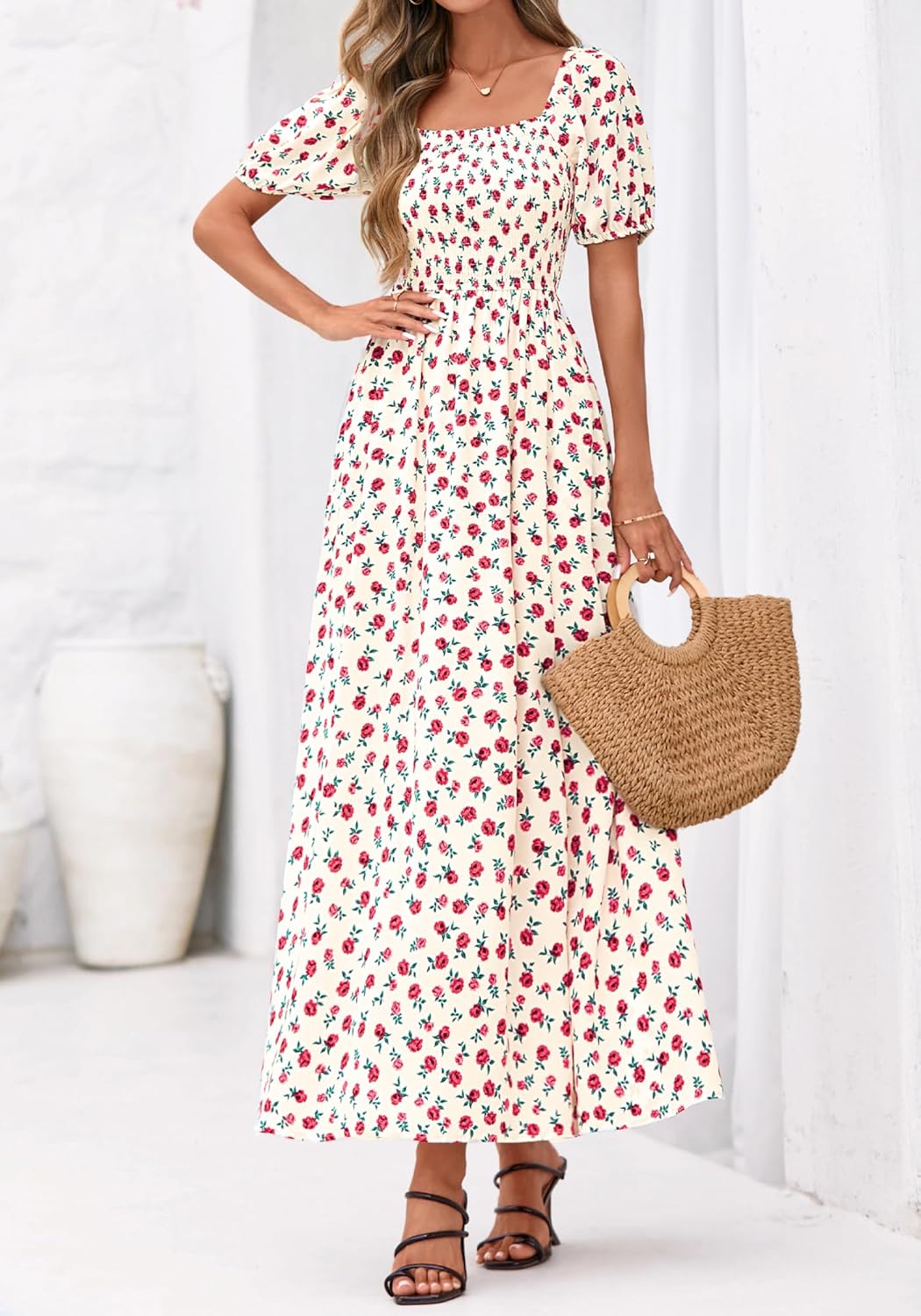 BTFBM Spring Summer Dresses for Women 2026 Puff Short Sleeve Smocked Floral Print Boho Beach Wedding Guest Maxi Dress - Image 5