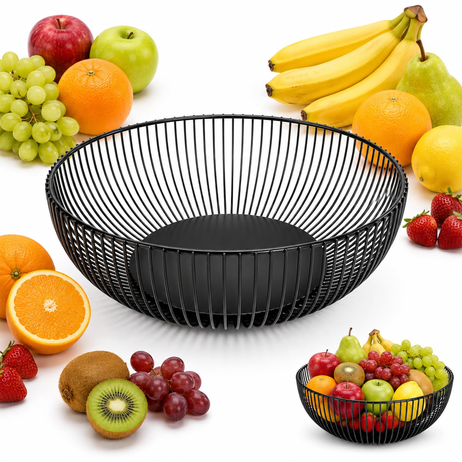 2PCS Metal Wire Fruit Basket, Black Round Fruit Bowl for Kitchen Counter, Large Vegetable Storage Basket, Open Wire Bread Basket, Decorative Countertop Produce Organiser for Vegetables, Bread & Snacks