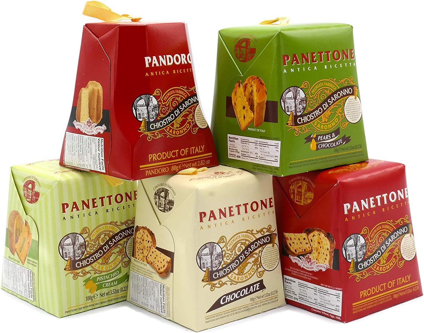 Tower of Panettones 5 Individual Authentic Italian Cakes Variety Stack. Pandoro Cake Included