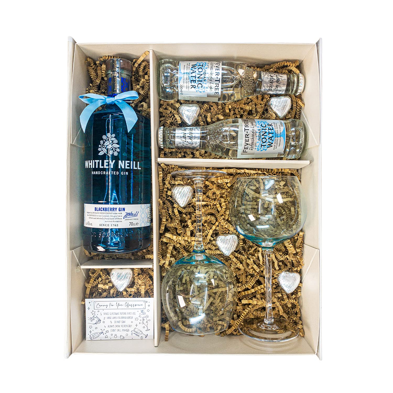 Whitley Neill Gin 70cl Gift Set Hamper Complete With 2 Blue Gin Glasses, Tonics, Belgian Heart Chocolates and Gift Box - New Job or Home Gift for Gin Lovers (Blackberry)
