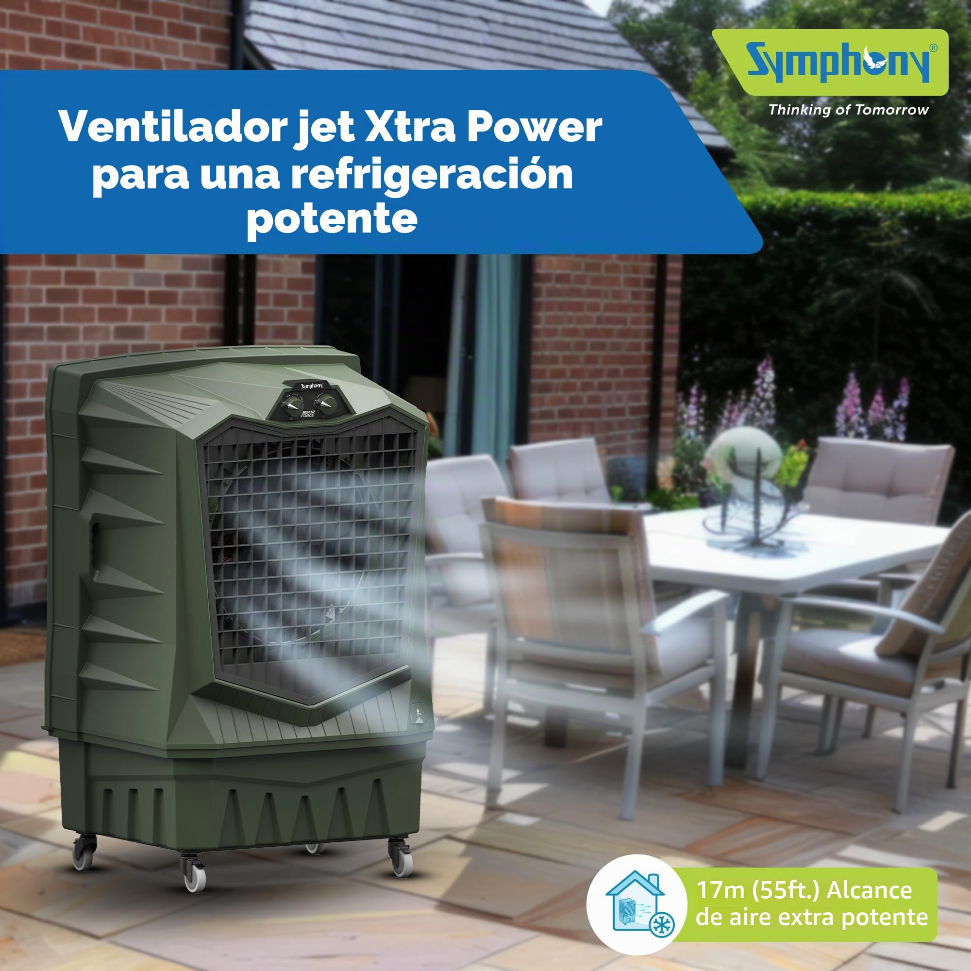 Symphony Air Force 100 Desert Air Cooler | 100L | 375W | Potente ventilador de chorro | Cuerpo resistente a la intemperie | Almohadilla de refrigeración grande de panal | Fácil llenado | Ruedas