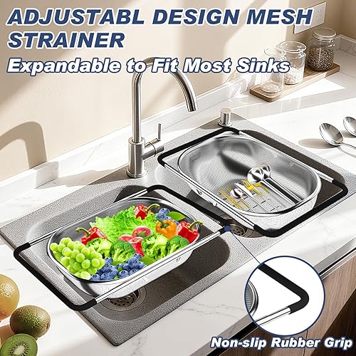 Miniatura 4 de Colador grande de acero inoxidable Colador sobre el fregadero con asas expandibles para lavar verduras y pasta