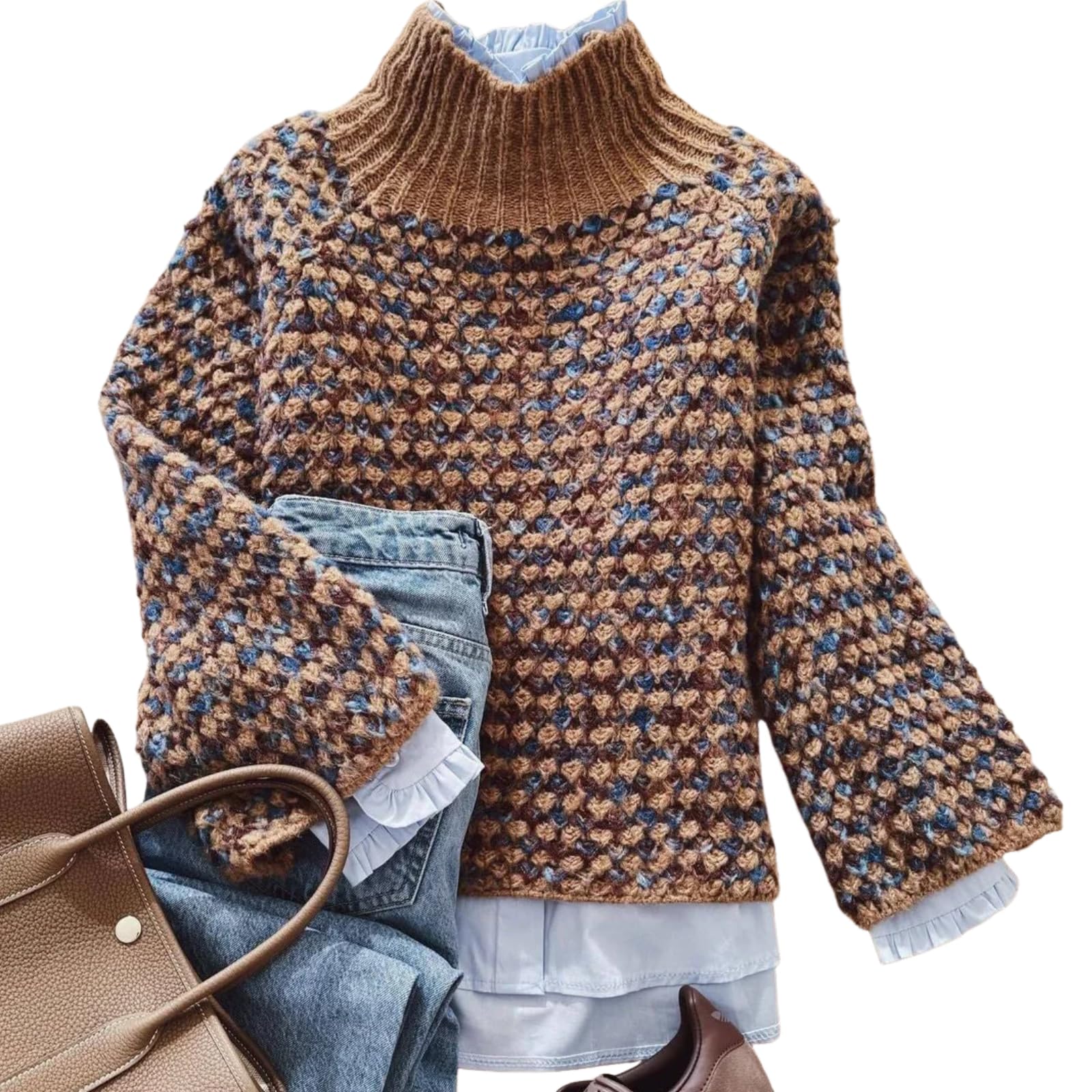 Sweaters for Women 2025 Fashion Retro Print Mock Neck Chunky Jumper Long Sleeve Brown Pullover Knit Tops