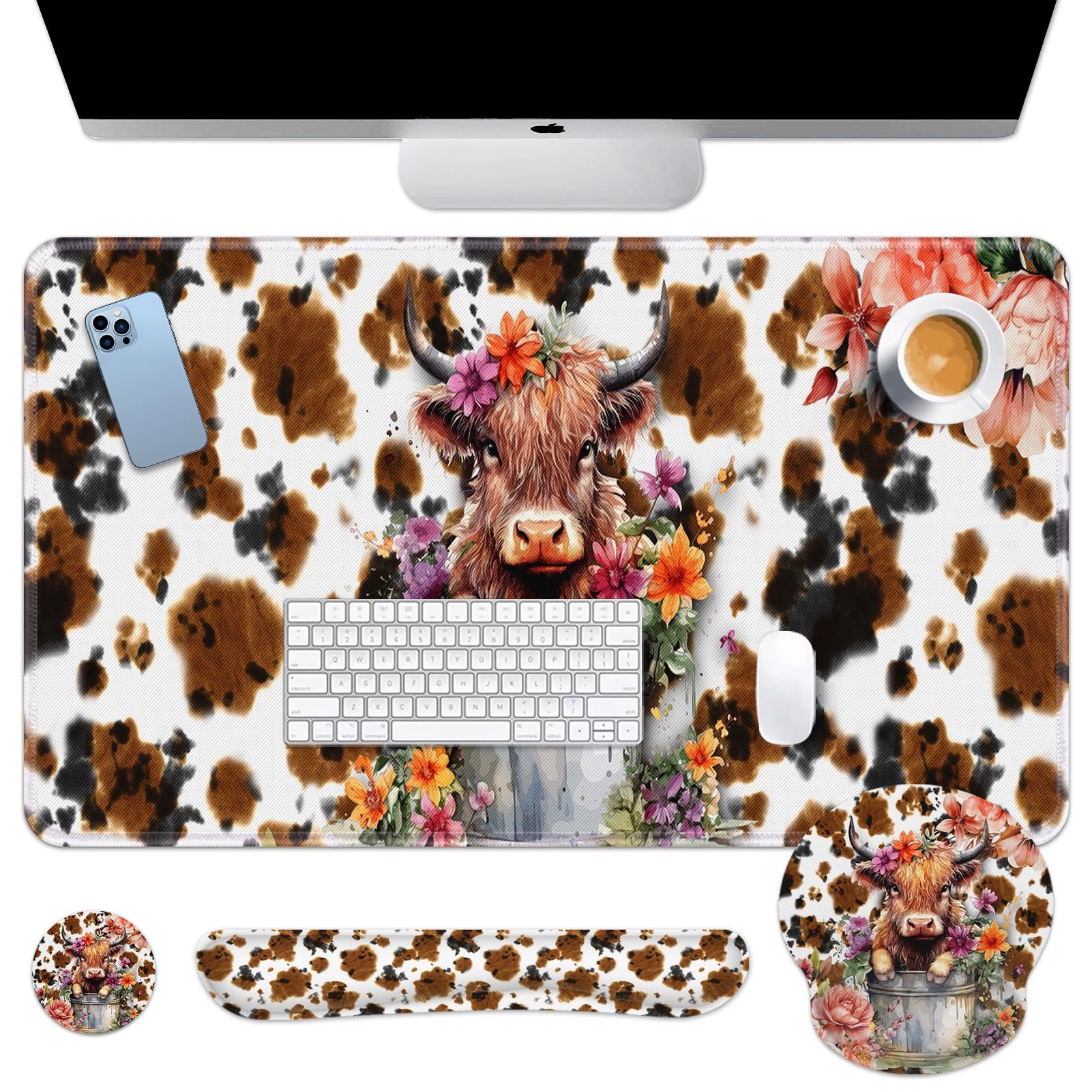 Arttown Highland Cow Flower Desk Mat Leaves Cartoon Print Mouse Pad Set 4 in 1 Ergonomic Design Large Mousepad + Keyboard Wrist Rest + Mouse Wrist