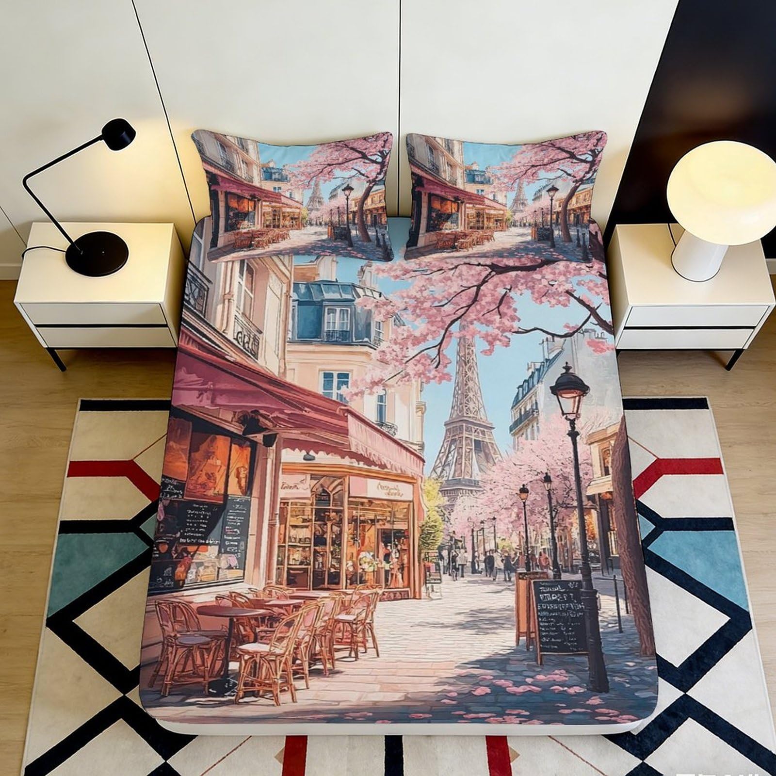 3D Printed Paris Street View Fitted Sheet Microfiber Soft Decorative Eiffel Tower Bed Cover for Bedroom Dorm Mattress Protection 90x200x25cm