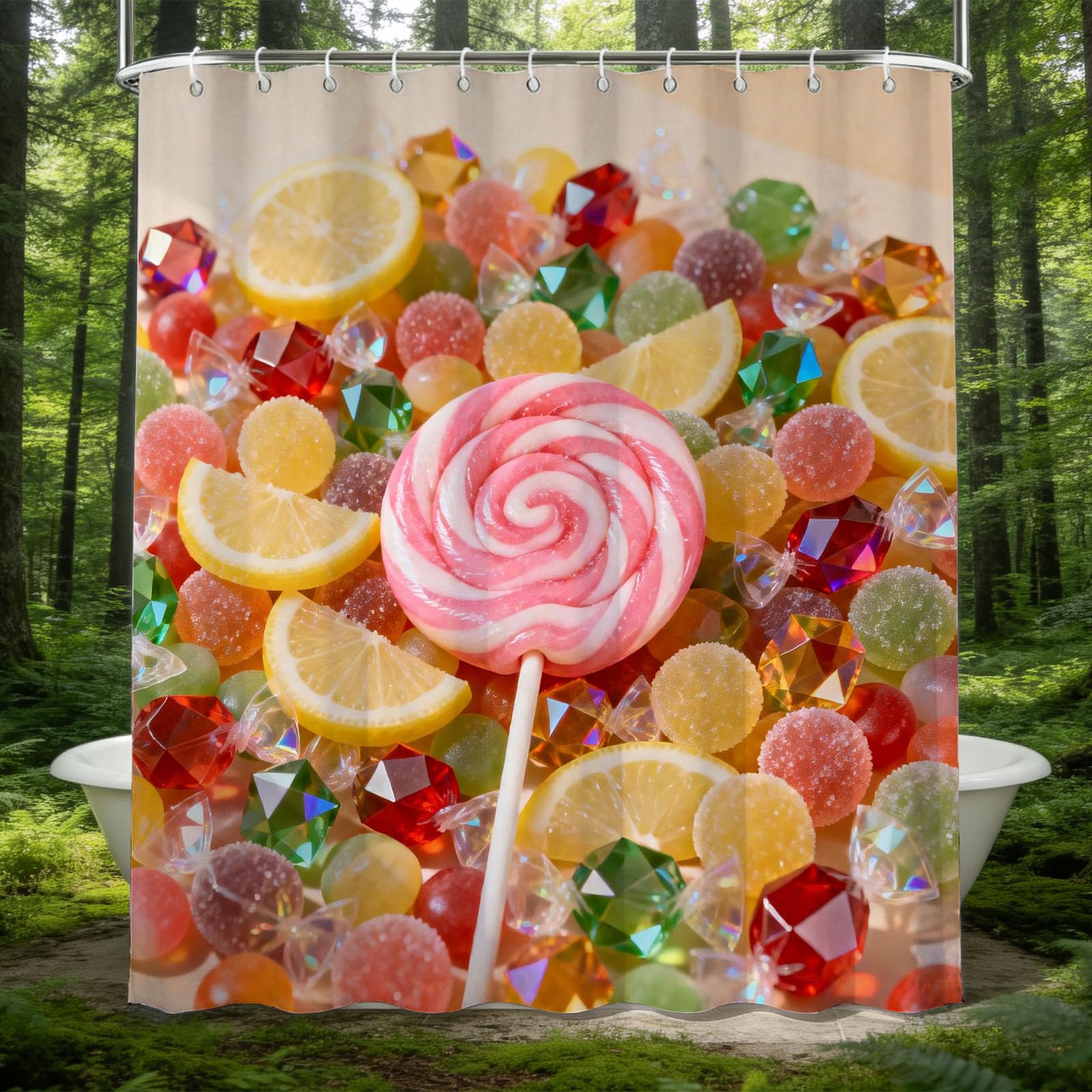 Hongduo 3D Lollipop Shower Curtain for Stalls Bathtubs Food Theme Bathroom Decor Shower Curtain Set Polyester Fabric Waterproof 180x200cm/71X79 Inch with Hooks