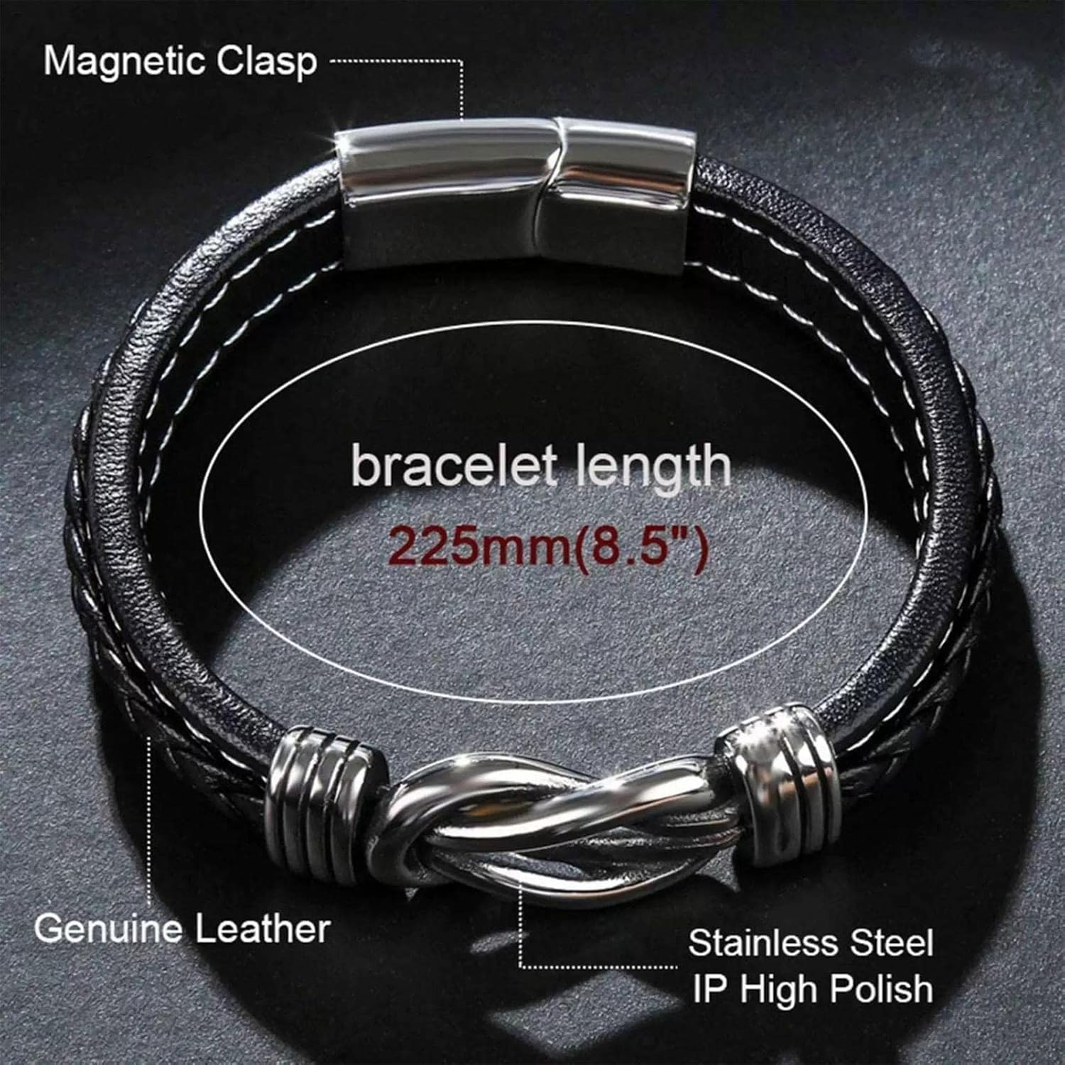 Braided Black Stainless Steel Leather Mens Bracelet, Interlocking Inspirational Wristband Mom And Son Forever Linked Together, Birthday Graduation Gift From Mother For Men - Image 3