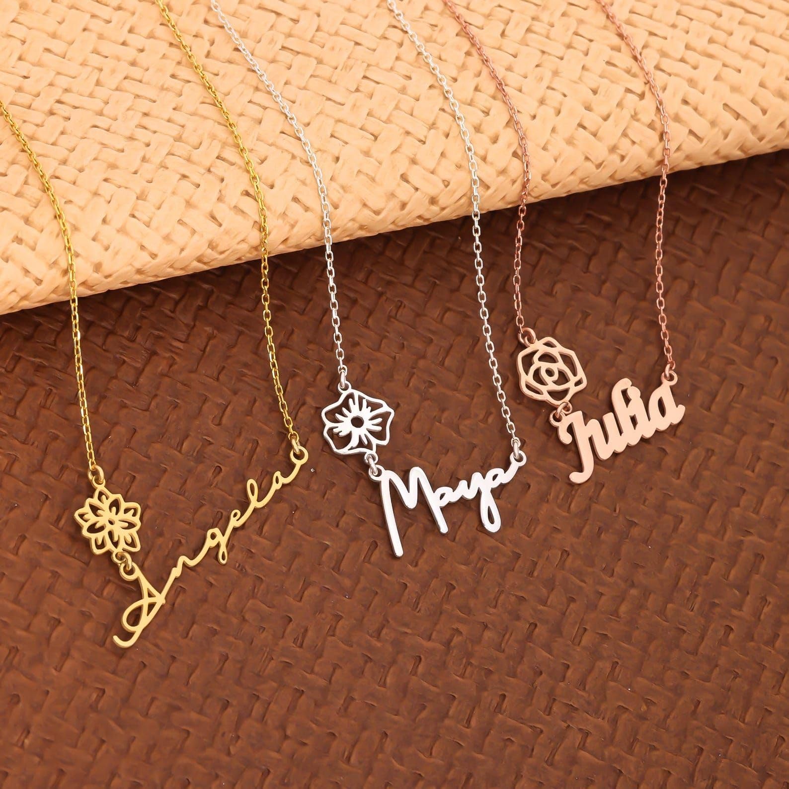 Personalizzato fiore di nascita collana con nome, su misura mese di nascita fiore di ciondolo argento sterling