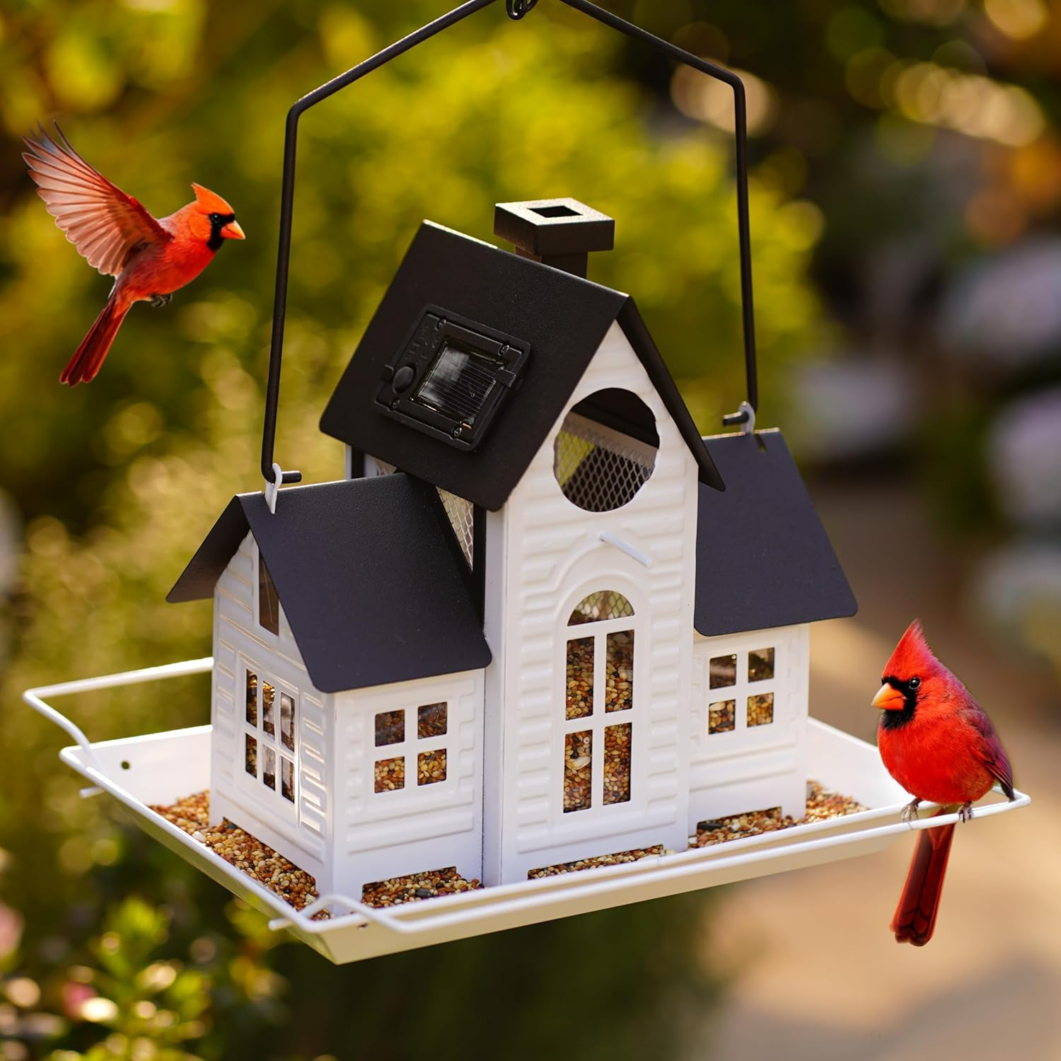 Solar Bird Feeders for Outdoors Hanging,Metal Cardinal Bird House Feeder with Solar Powered Lantern Light,Wild Cardinal Birdfeeder Waterproof Decor for Garden Yard Outside,Gift for Grandma Mom