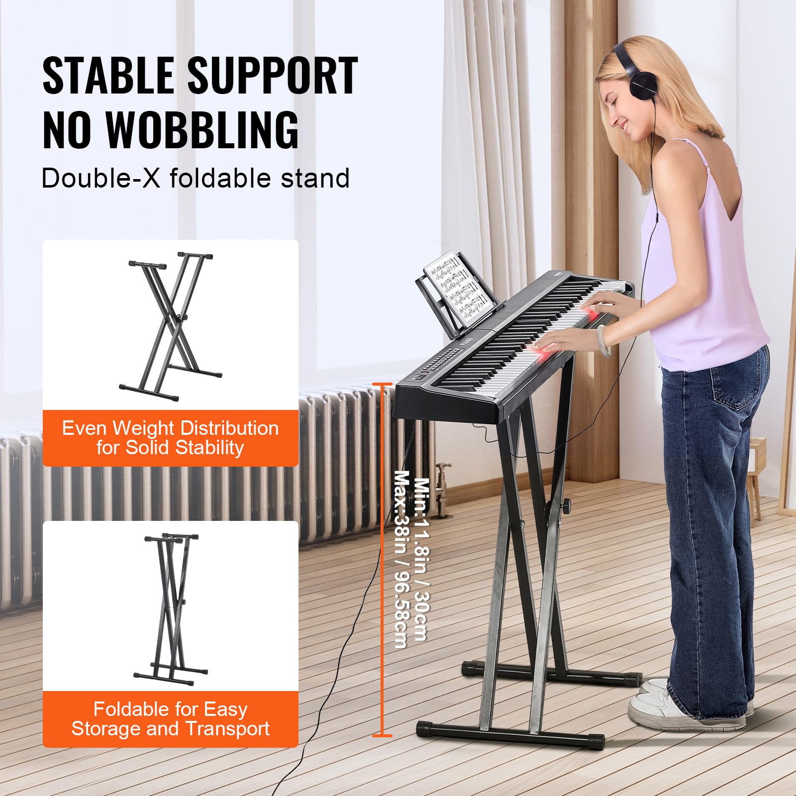 VEVOR Digitales Klavier mit 88 Tasten, halbgewichtete Tasten, Klavierset mit verstellbarem Ständer, integrierten Lautsprechern, Sustain-Pedal, Kopfhörern, Bluetooth, MIDI, USB für Anfänger