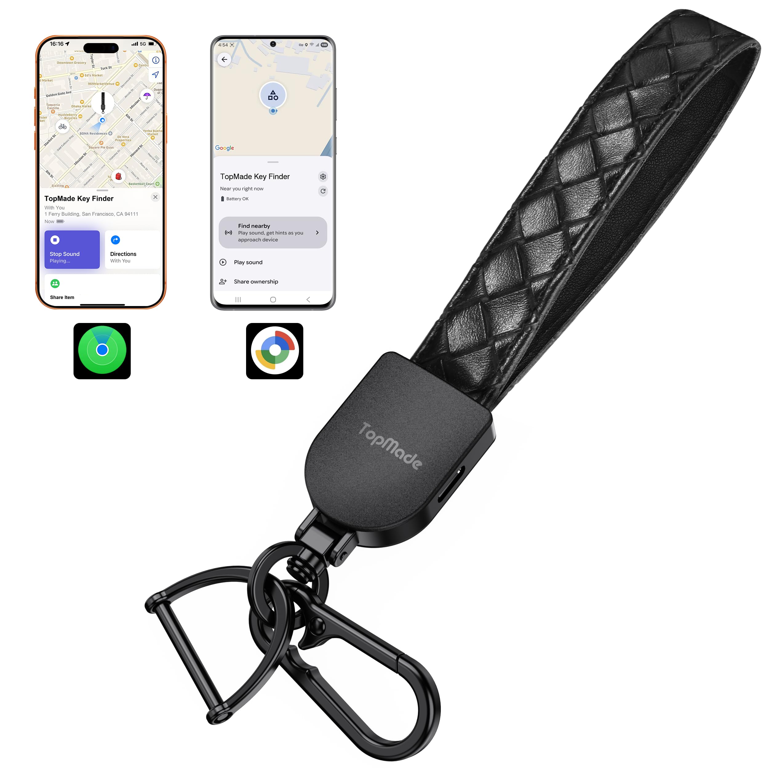 TopMade Porte-clés anti-perte, fonctionne avec Apple Find My et Google Find Hub, porte-clés de voiture en cuir de qualité supérieure, rechargeable, localisateur de clés Bluetooth, étanche IP67, noir