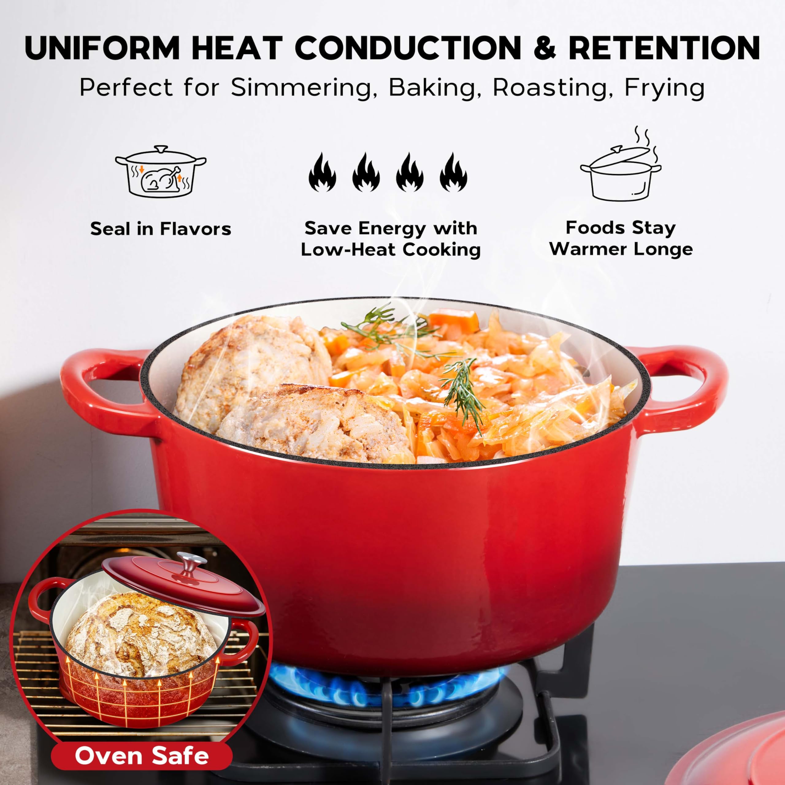Onader Forno olandese in ghisa smaltata, 7 qt, con coperchio, per la cottura del pane, rotondo, resistente, rosso