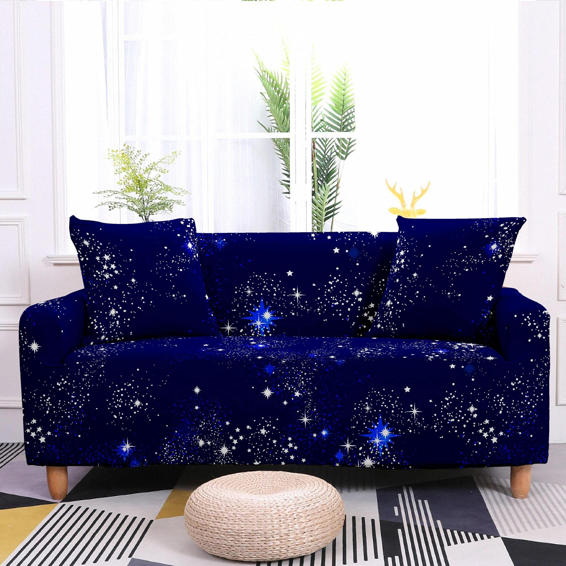 FANSU Copridivano Elastico Universale Antiscivolo, Stampa Geometrica Colorata, Blu Elegante, 4 Posti Con Braccioli + Federa - 4