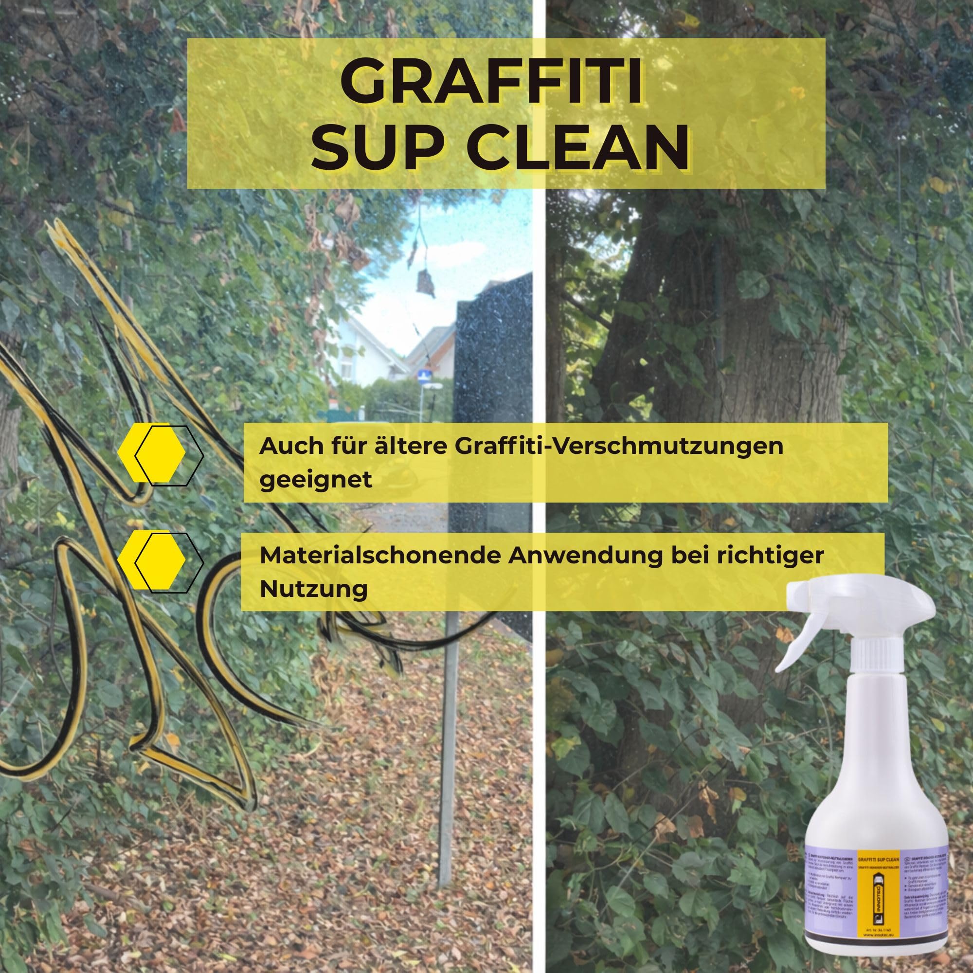 INNOTEC Graffiti Sup Clean 500 ml – Spezialreiniger zur Nachbehandlung nach der Graffiti-Entfernung – entfernt Farb-& Reinigungsrückstände schonend – ideal für Metall, Beton, Kunststoff & Außenflächen