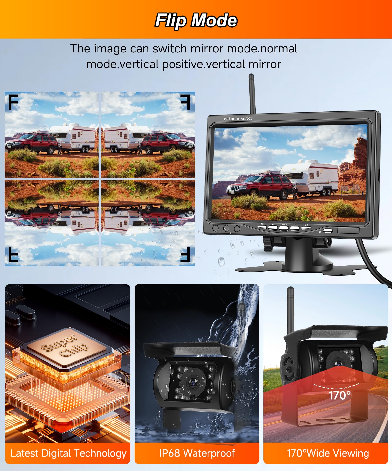 VECHTEL 4*Rückfahrkamera kabellos mit 7 Zoll IPS Monitor,BSD System,4-Fach-Bildschirm,Einparkhilfe,1080p AHD Rückfahrkamera Auto Nachtsich/IP68 Wasserdicht für SUV LKW Wohnmobil,DC 12–36 V