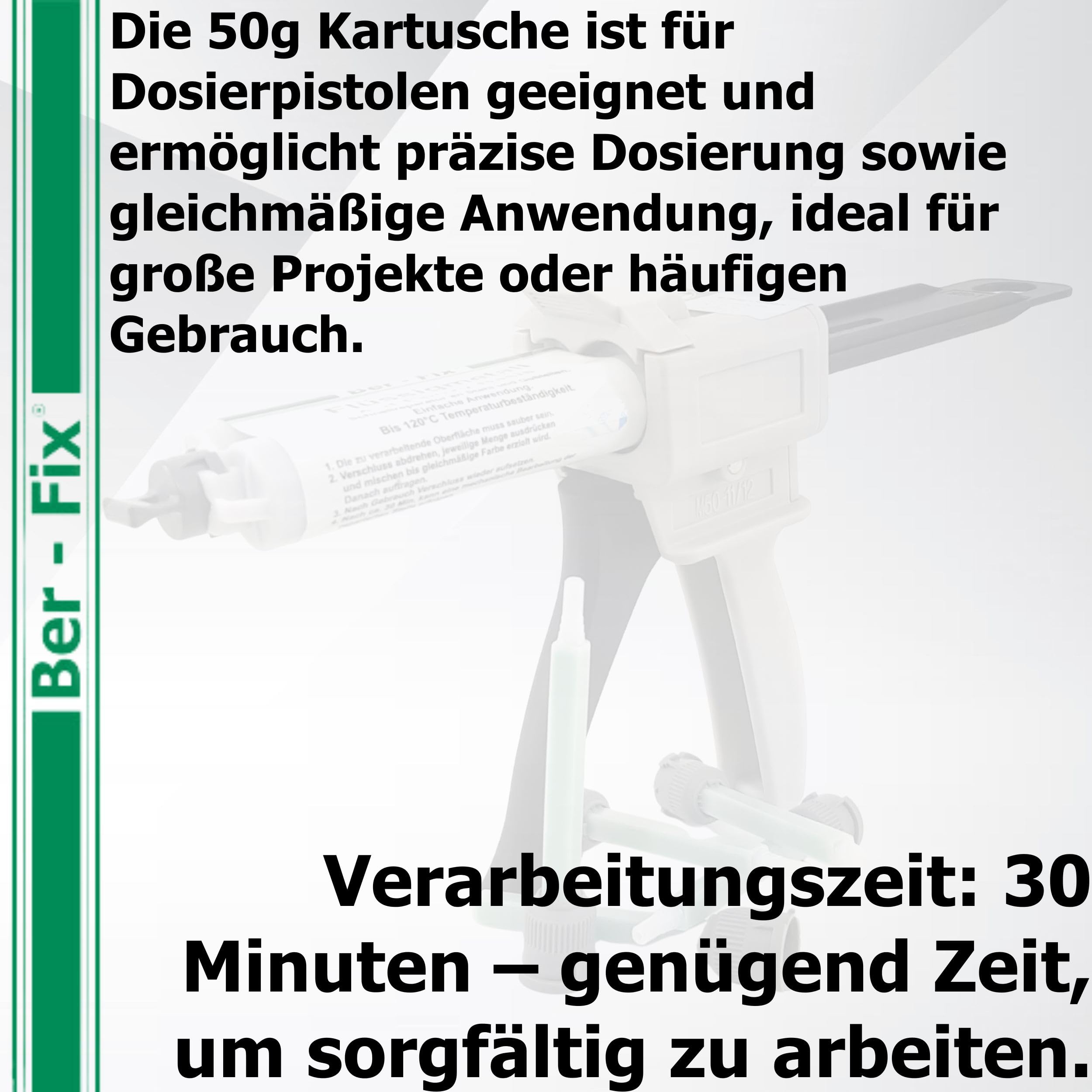 Ber-Fix Hochleistungskleber 2K MMA 30 Min 50g + 11 Düsen + Pistole | Hochleistungskleber 30 Min mit Dosierpistole und Mischdüsen für strukturstarke Reparaturen an Kunststoff