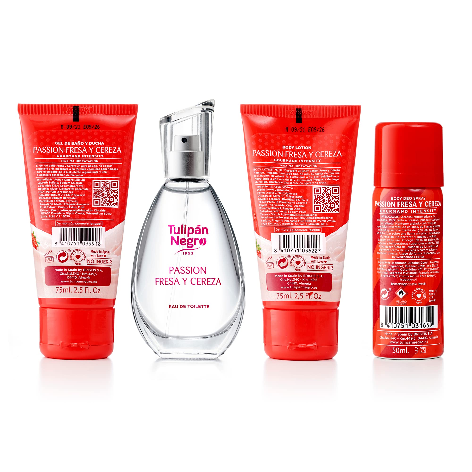 Tulipán Negro - Estuche Fresa y Cereza, Colonia 50 ml + Loción Corporal 75 ml + Gel de Baño 75 ml + Desodorante Spray 50 ml, Fragancia Dulce y Afrutada