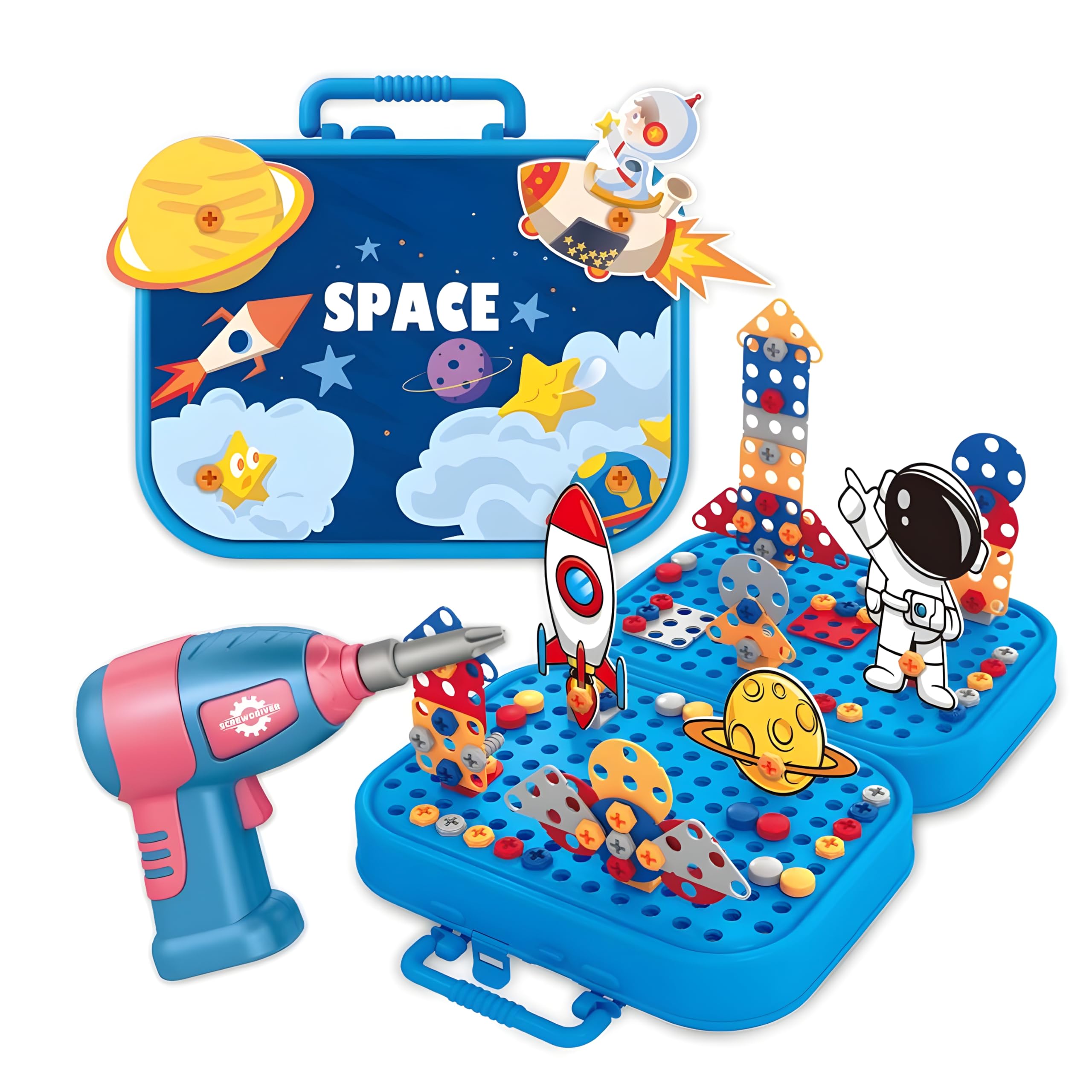 Cable World Space Theme Creative Drill Set - 2-in-1 3D Building Blocks & 2D Puzzle - STEM Educational Construction Toy with Screwdriver & Portable Case for Kids 3+ Ideal for Gifting-image-7