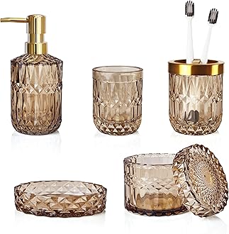 Brown Bathroom Accessories Set, 5Pcs Clear Glass Bathroom Accessories, Lotion Soap Dispenser, Toothbrush Holder Set, Soap Dish, Qtip Holder, Tumbler for Vintage Bathroom Decor, Gift Set