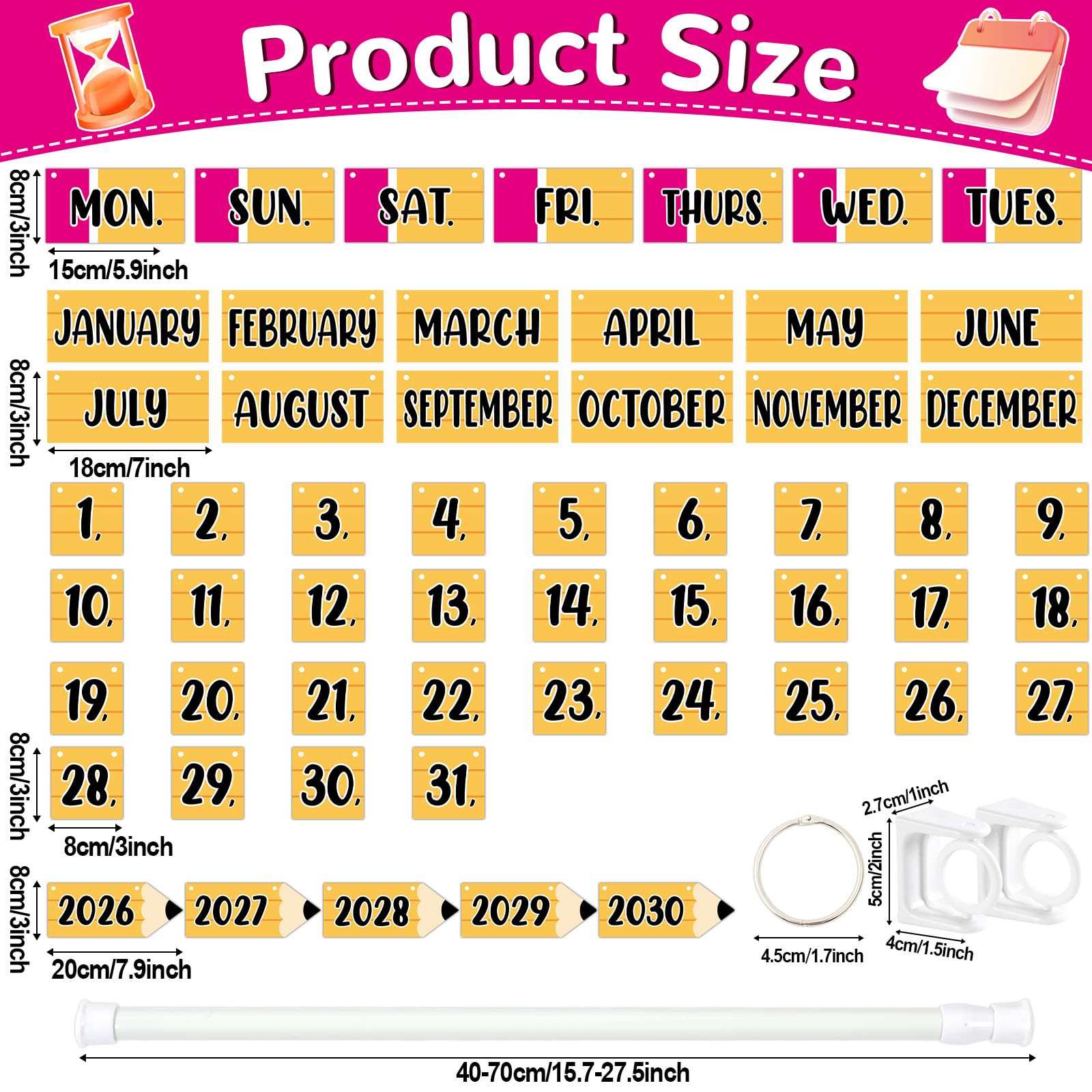 Naozinebi Bleistift-Kalender, Pinnwand-Set, bunte Bleistifte, Flip-Kalender mit Halter, 54 Datumskarten, verstellbarer Kalenderhalter für Zuhause, Schulanfang, Klassenzimmer, Dekorationszubehör