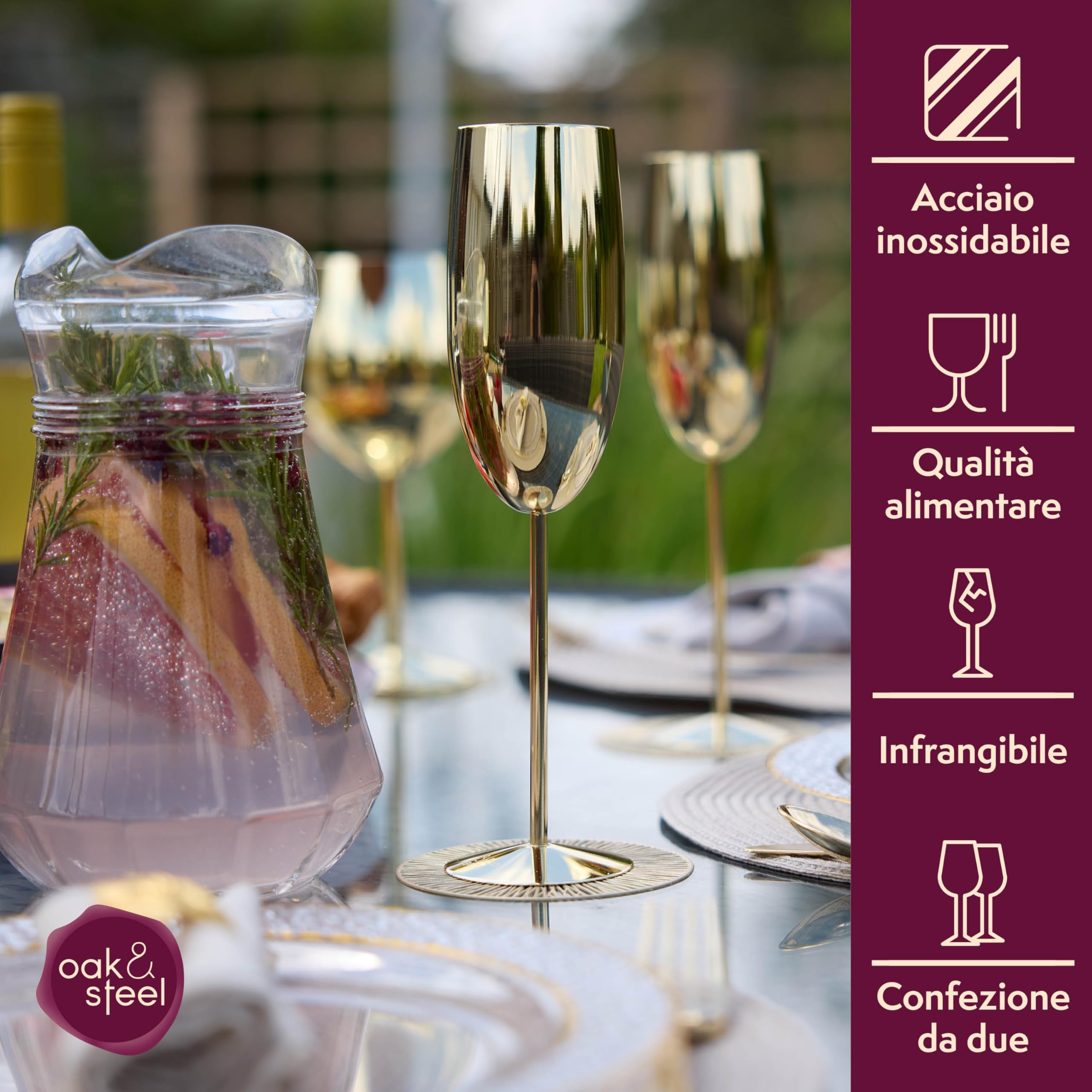 Oak & Steel - 2 Flûtes à Champagne Dorées, 280 ml - Verres à Prosecco en Acier Inoxydable Doré avec Boîte Cadeau