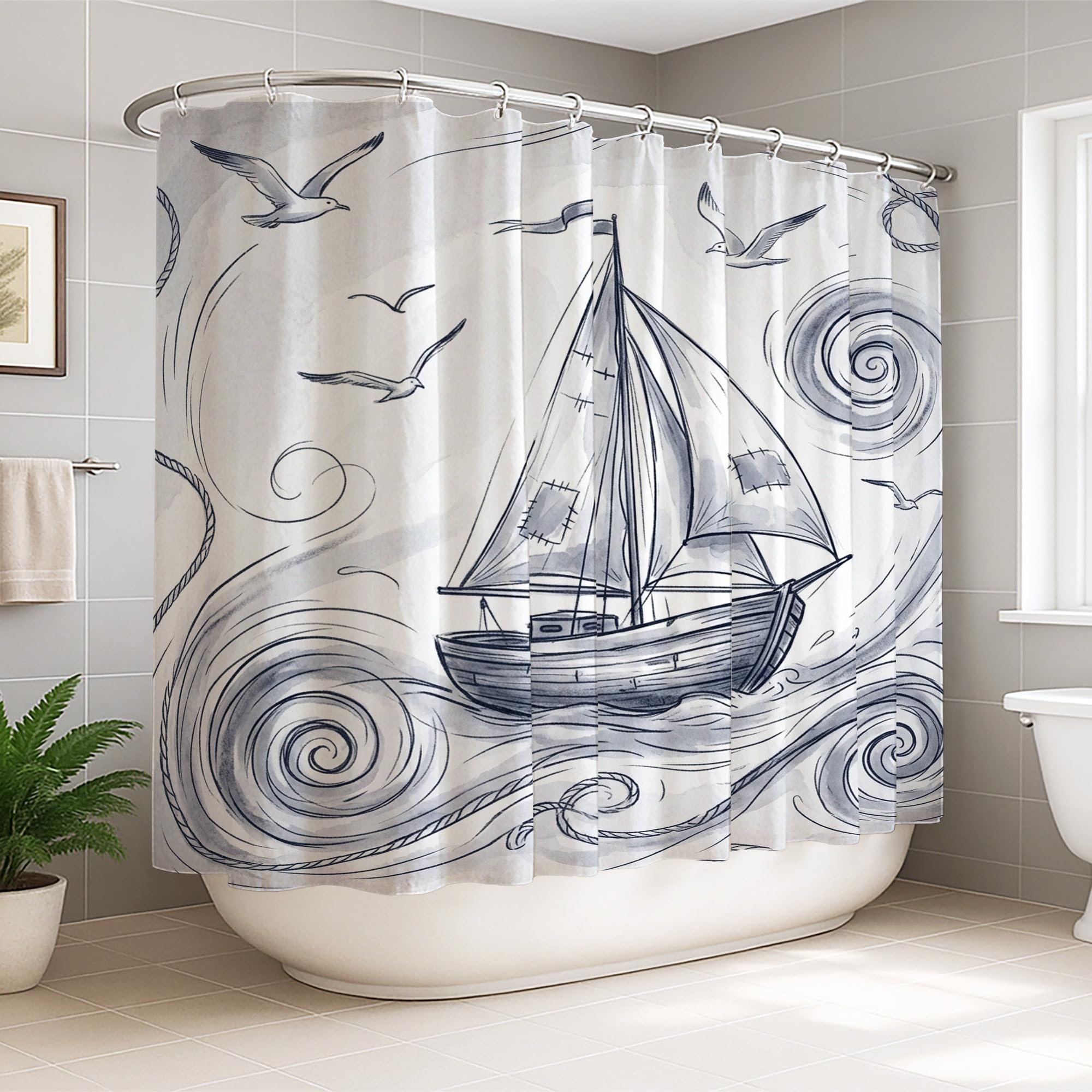 Rideau de douche polyester imperméable motif bateau voile marine
