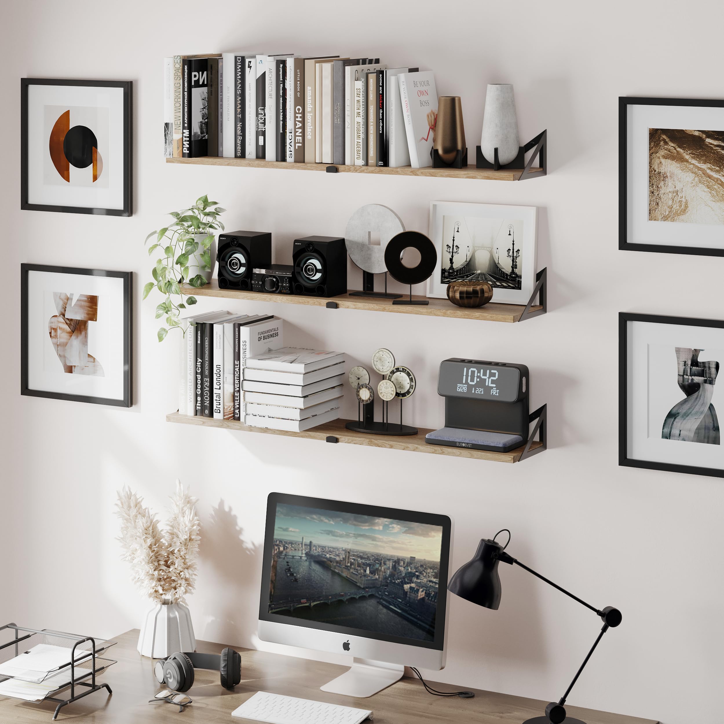 CASSA NOKO Étagères murales suspendues pour Le Mur, Lot de 3, étagère bibliothèque pour Chambre à Coucher, Salon, Bureau, Salle de Bain, Cuisine, Bois Rustique avec Support métallique (Naturel Grand)